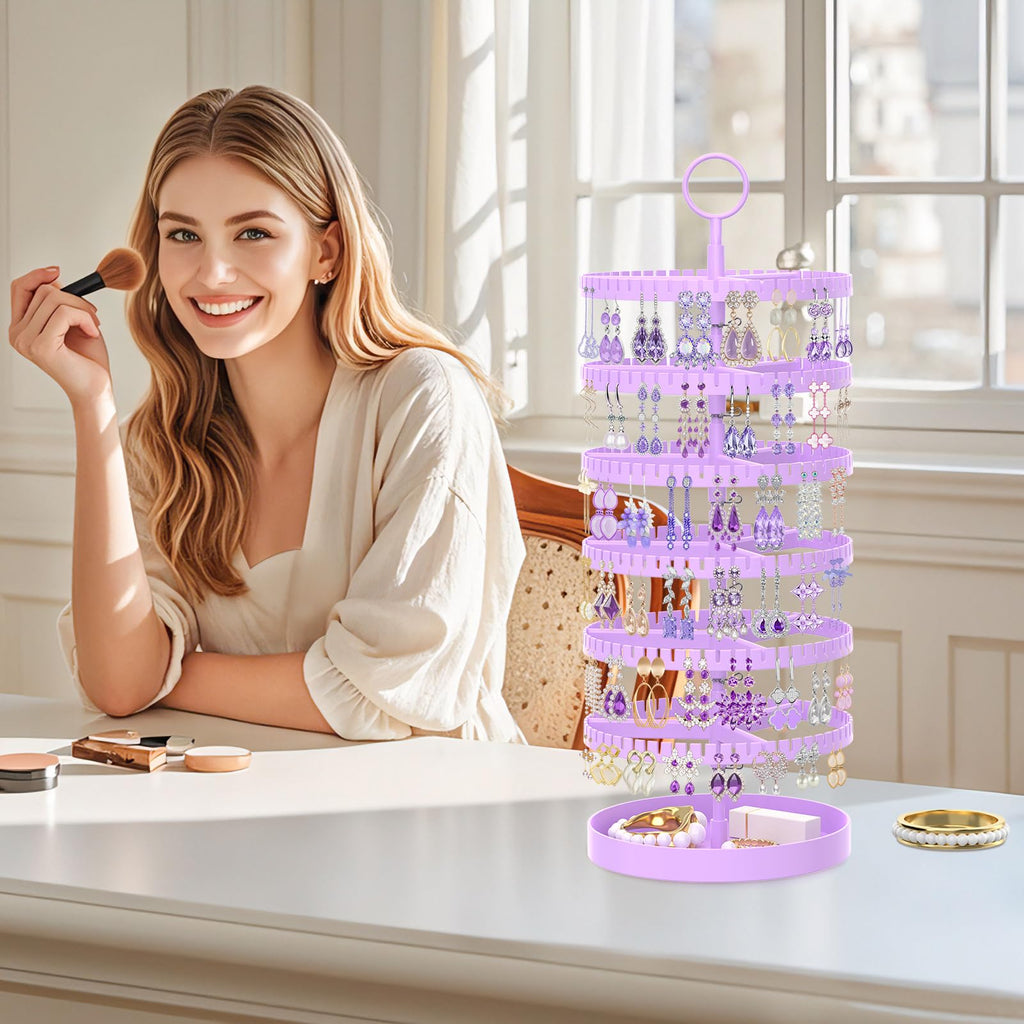 iDavosic.ly 6 Tier Rotating Earring Holder Organizer with Metal Tray, Adjustable Plastic Dangle Display Stands Tree with 342 Grooves, Large Hoop Storage Rack Tower, Purple