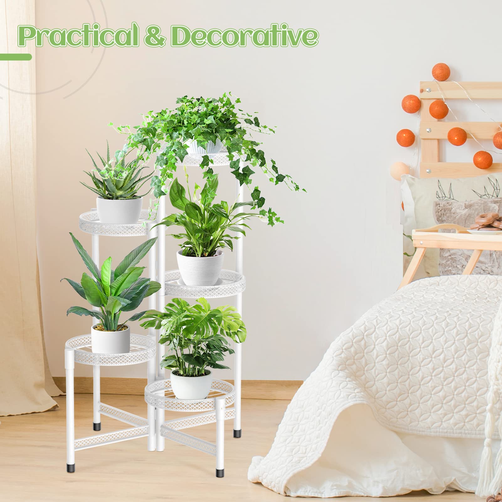 iDavosic.ly Plant Stand Indoor Outdoor, 5 Tier Corner Metal Flower Display Holder Shelf, Easy Assembly Folding Tall Orchid Rack for Patio Balcony Porch Garden Living Room House, Wrought Iron - White
