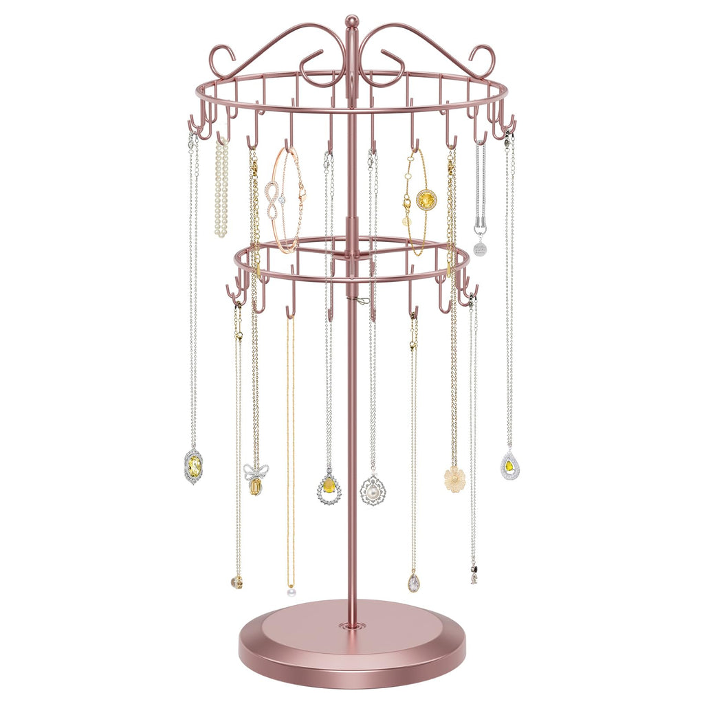 iDavosic.ly 2 Tier Rotating Necklace Holder Organizer with 42 Hooks, Adjustable Metal Bracelet Display Stand Rack, Extra Tall Keychain Spinning Tree Tower for Women, Rose Gold