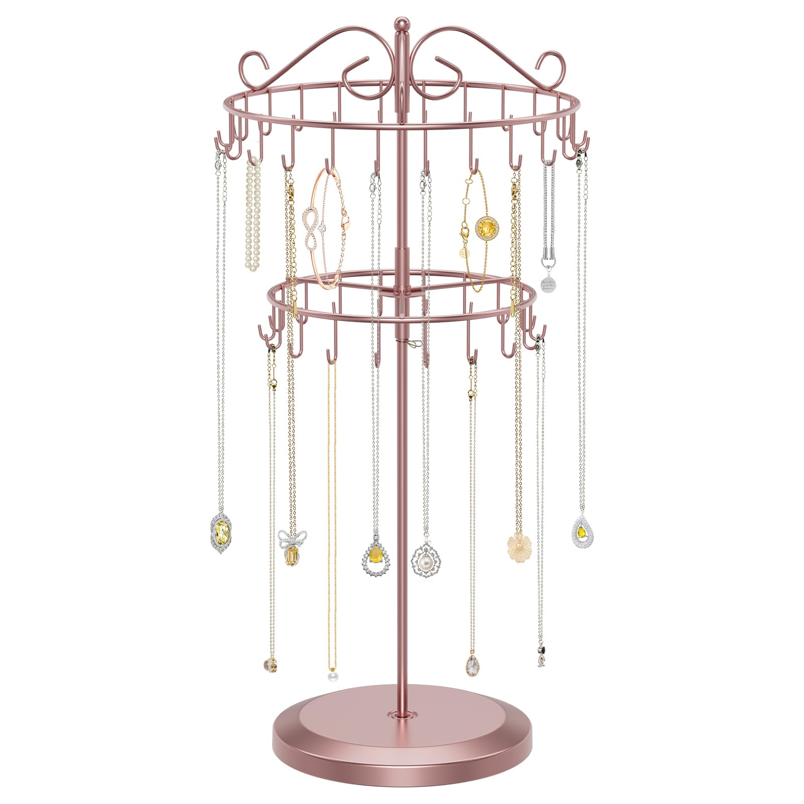 iDavosic.ly 2 Tier Rotating Necklace Holder Organizer with 42 Hooks, Adjustable Metal Bracelet Display Stand Rack, Extra Tall Keychain Spinning Tree Tower for Women, Rose Gold