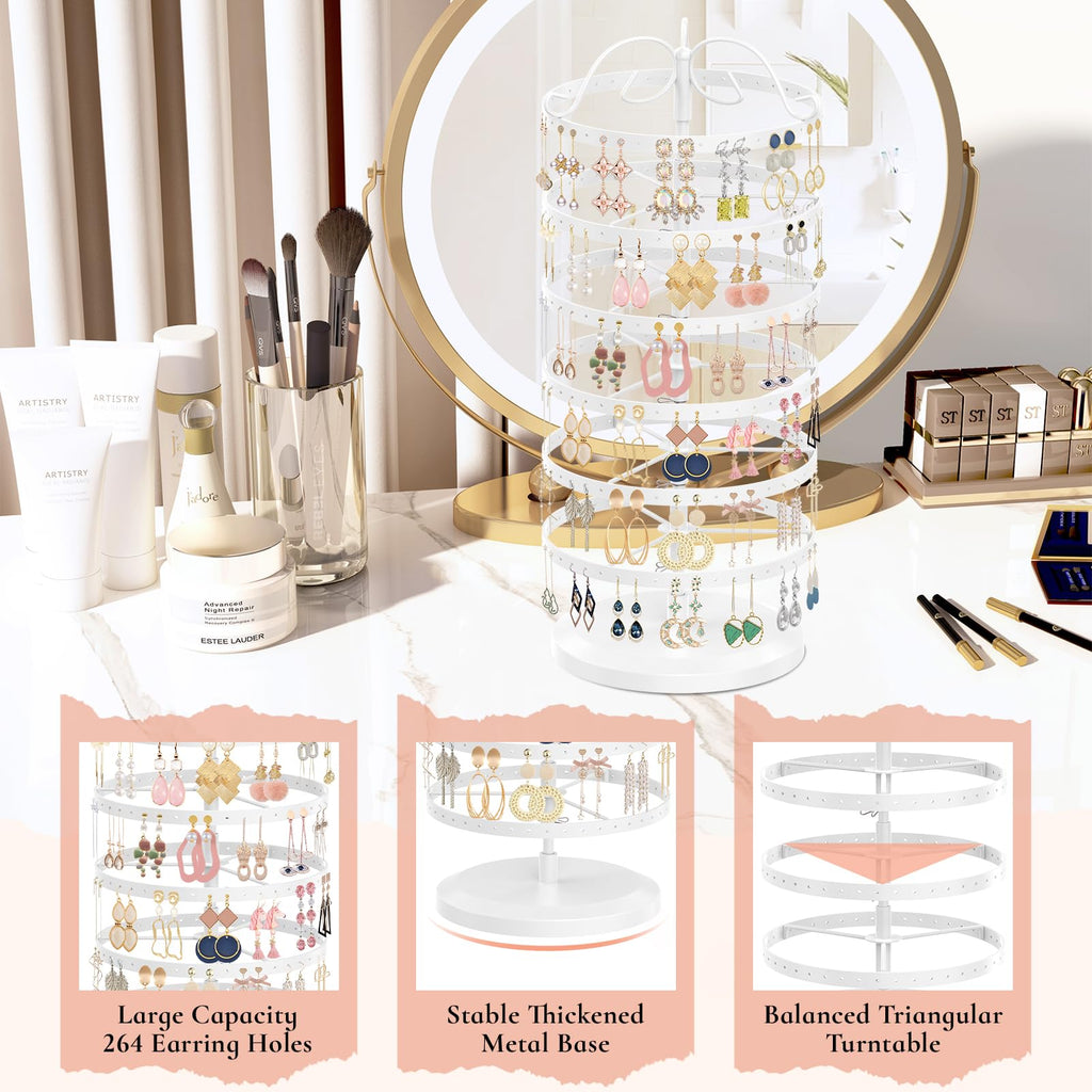 iDavosic.ly 6 Tier Metal Rotating Earring Holder Organizer, 264 Holes Large Stud Storage Display Stands Tree Rack, Adjustable Pierced Hoop Dangle Tower for Women, White