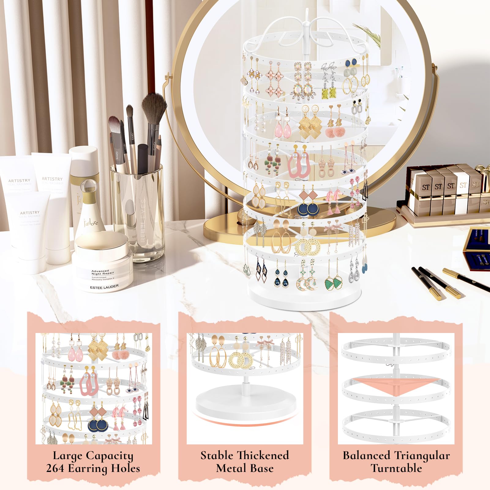 iDavosic.ly 6 Tier Metal Rotating Earring Holder Organizer, 264 Holes Large Stud Storage Display Stands Tree Rack, Adjustable Pierced Hoop Dangle Tower for Women, White