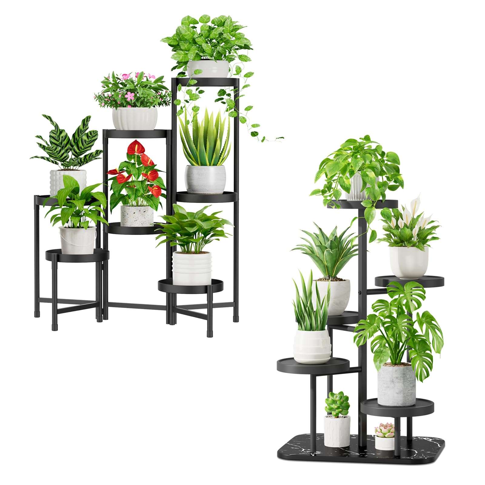 iDavosic.ly Plant Stand for Indoor Outdoor Set of 2, 7 Tier Folding Corner Flower Pot Holder Shelf and 5 Layer Metal Plastic Tall Orchid Display Rack for Patio Porch Living Room Garden Balcony, Black