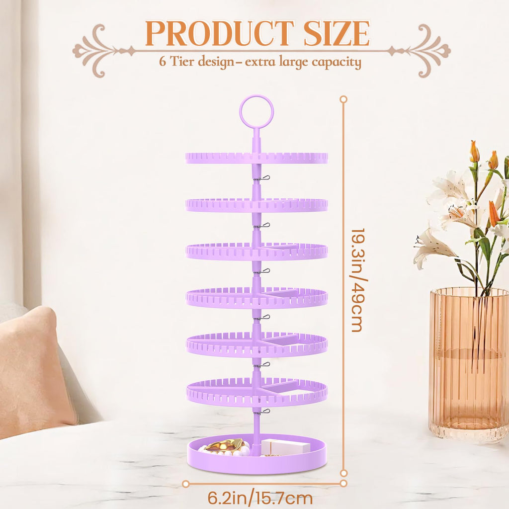 iDavosic.ly 6 Tier Rotating Earring Holder Organizer with Metal Tray, Adjustable Plastic Dangle Display Stands Tree with 342 Grooves, Large Hoop Storage Rack Tower, Purple