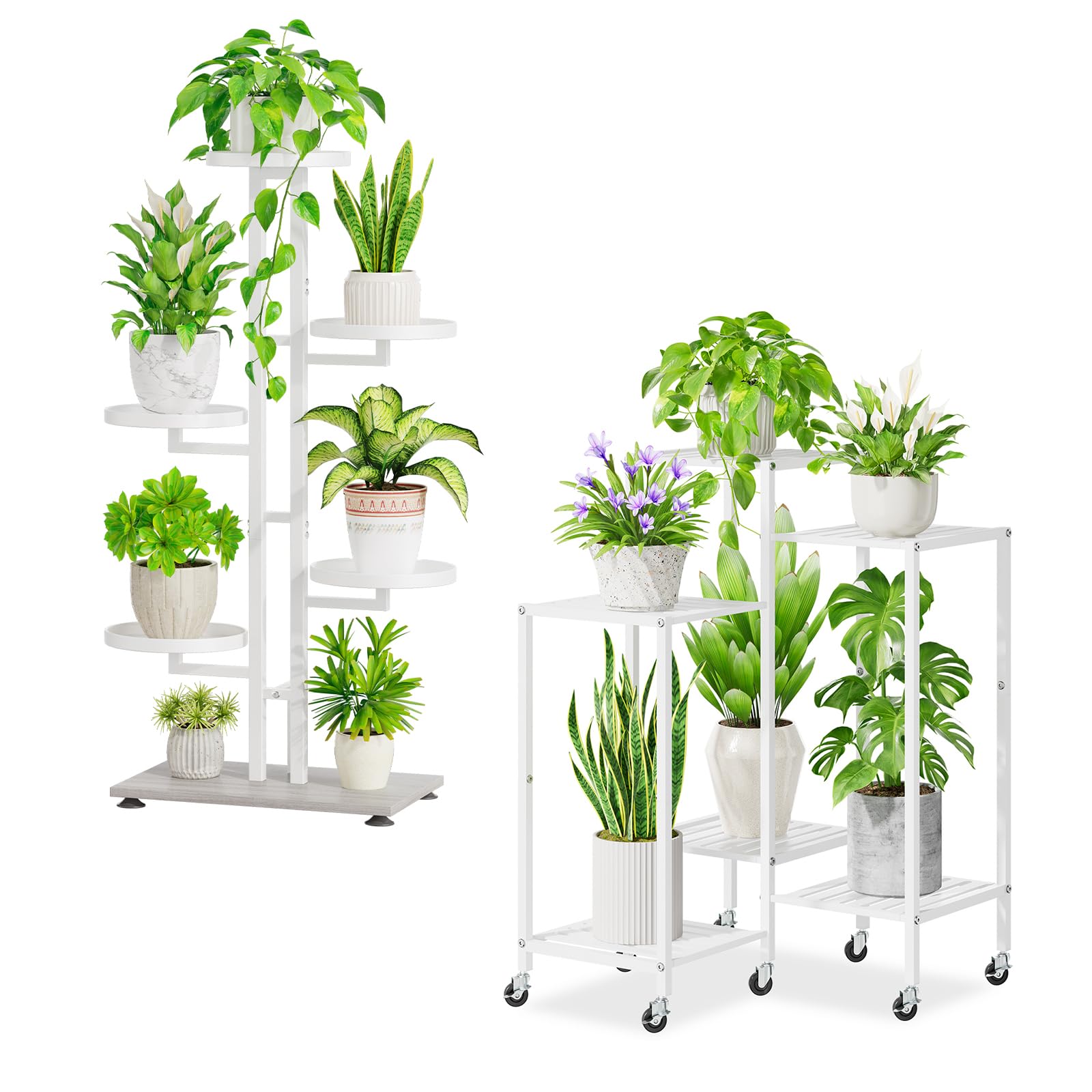 iDavosic.ly 6 Tier Plant Stand for Indoor Outdoor 2 Pack, Corner Orchid Pot Display Rack and Metal Tall Flower Holder Shelf with Wheels for Patio Porch Garden Balcony Living Room, White