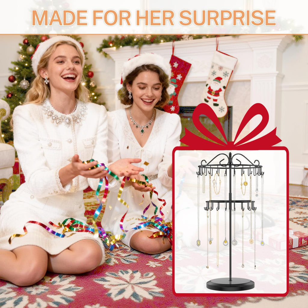 iDavosic.ly Jewelry Organizer Stand Set of 2, Large Dangle Display Stands Tree with 342 Plastic Grooves and Wooden Base and Rotating Necklace Bracelet Holder with 42 Hooks for Women