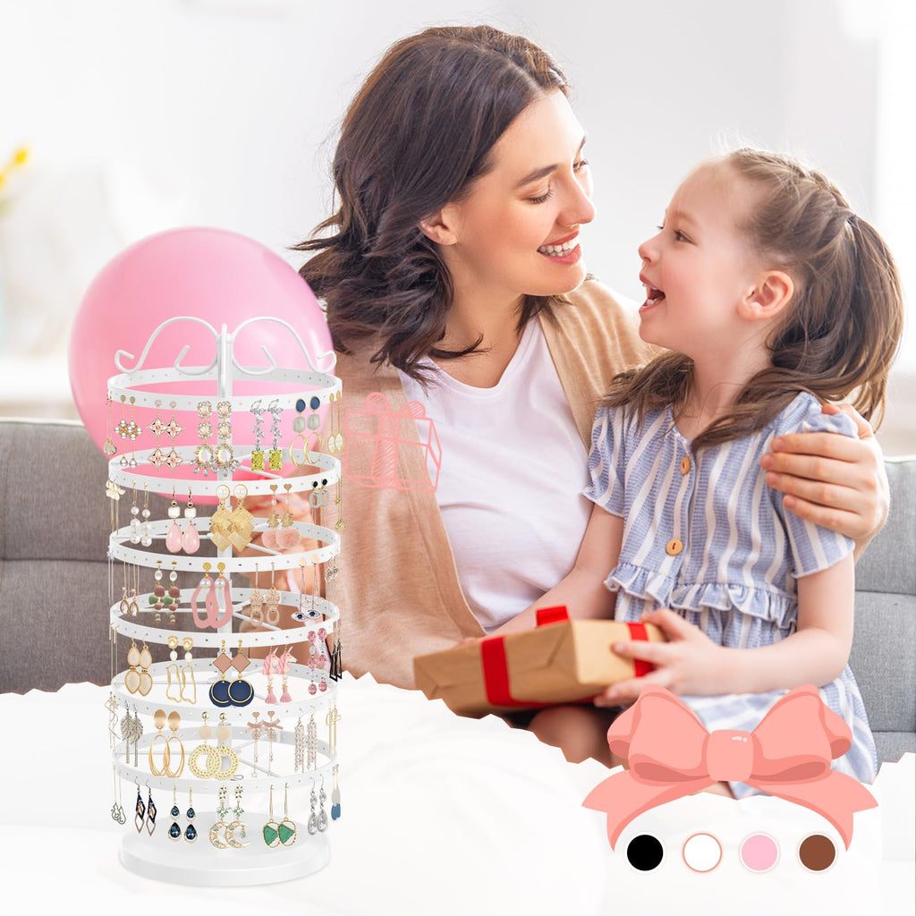 iDavosic.ly 6 Tier Metal Rotating Earring Holder Organizer, 264 Holes Large Stud Storage Display Stands Tree Rack, Adjustable Pierced Hoop Dangle Tower for Women, White