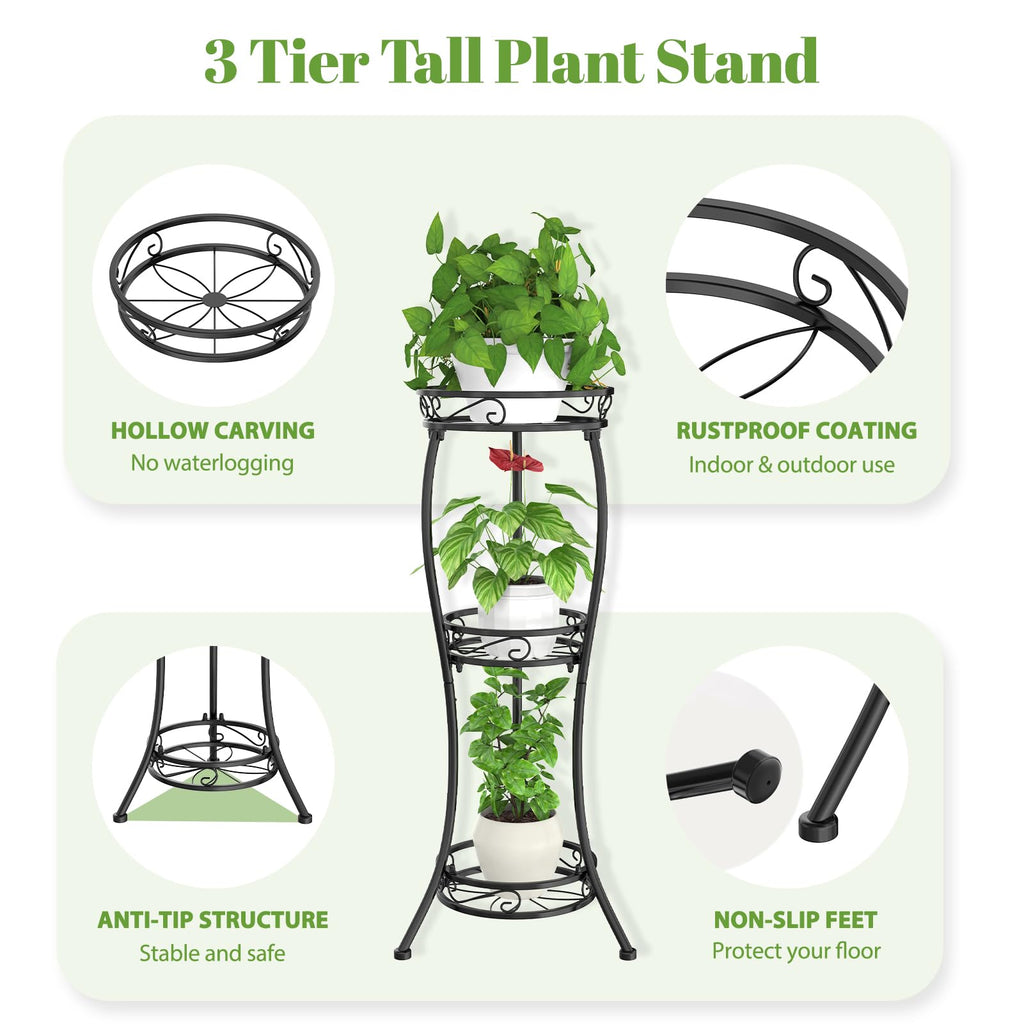 iDavosic.ly Plant Stand for Indoor Outdoor 2 Pack, 3 Tier Wrought Iron Vertical Flower Holder Shelf and 4 Layer Metal Pot Display Rack for Patio Porch Garden Living Room, Black