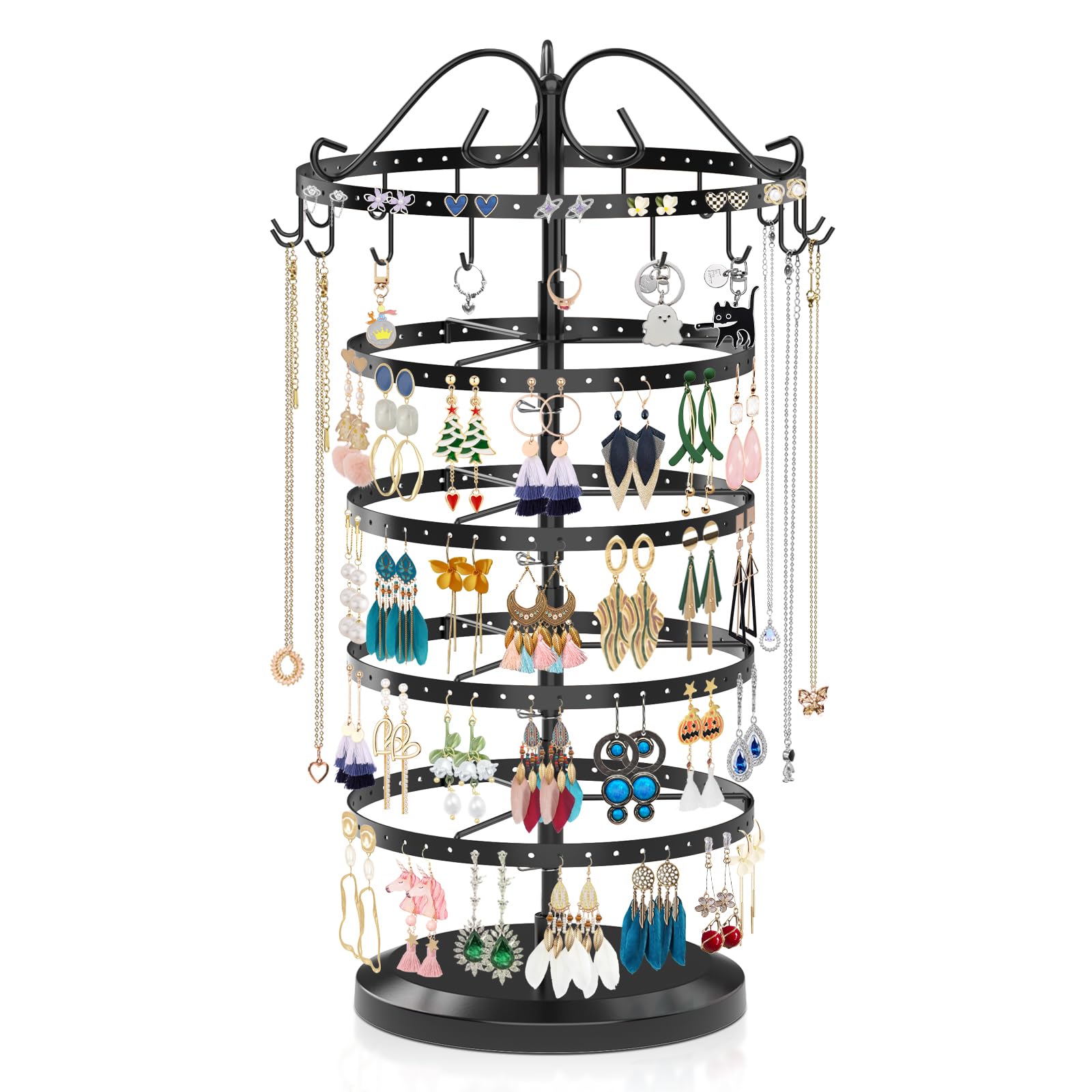 iDavosic.ly 5 Tier Earring Holder Organizer, Rotating Earring Holder Stand with 17 Hooks, Metal Adjustable Large Earring Tree Necklace Display Rack (Black)