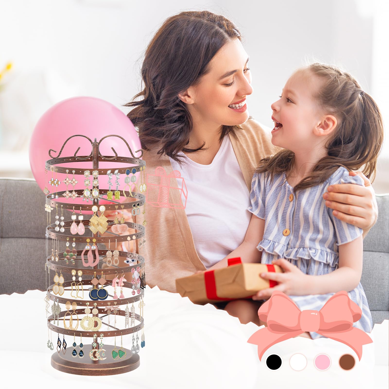 iDavosic.ly 6 Tier Metal Rotating Earring Holder Organizer 2 Pack, 264 Holes Large Stud Storage Display Stands Tree Rack, Adjustable Pierced Hoop Dangle Tower for Women, Black and Bronze