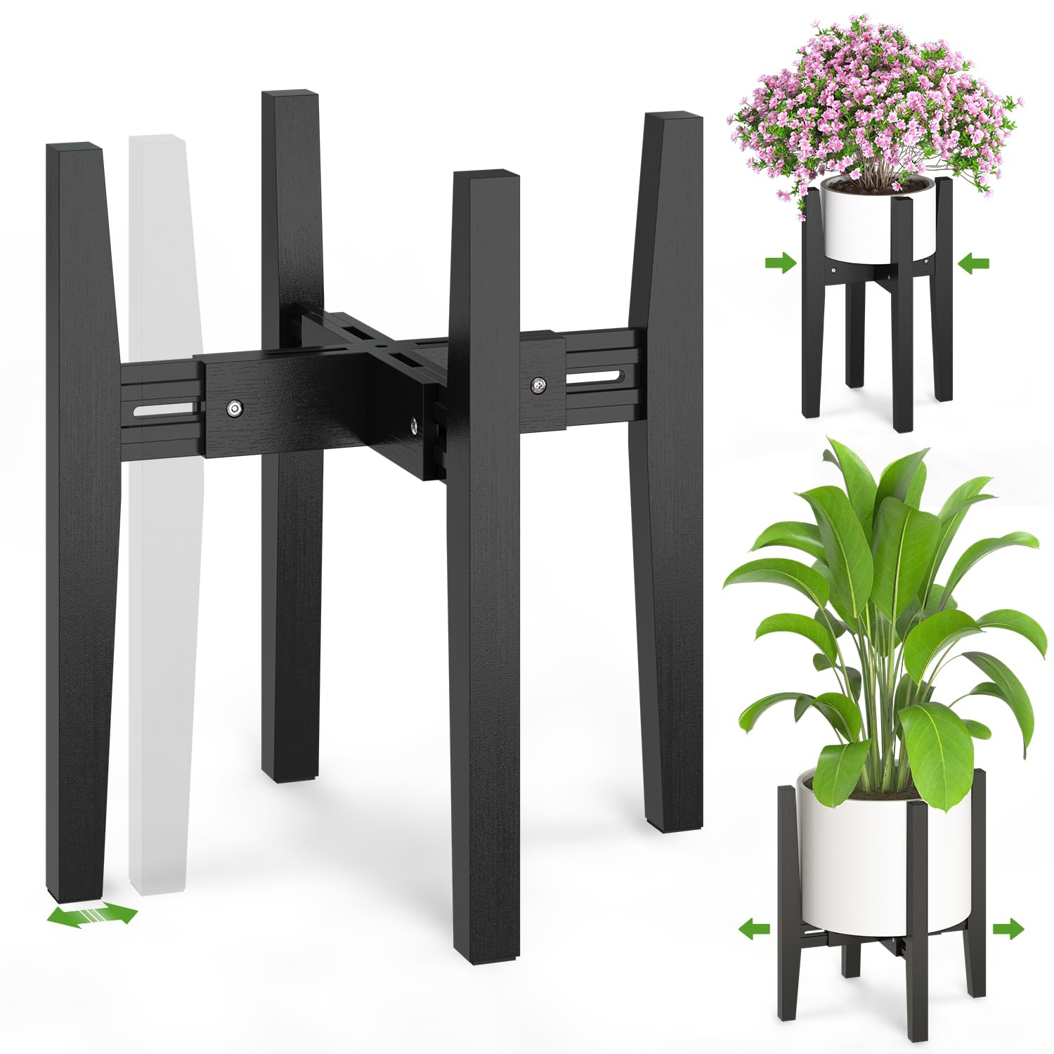 iDavosic.ly Adjustable Plant Pot Stand Indoor Outdoor Set of 2, Stable Plant Holder, Fit 8 to 12 Inch Large Heavy Duty Planter (Not Included) | for Balcony, Living Room, Porch, Black & White
