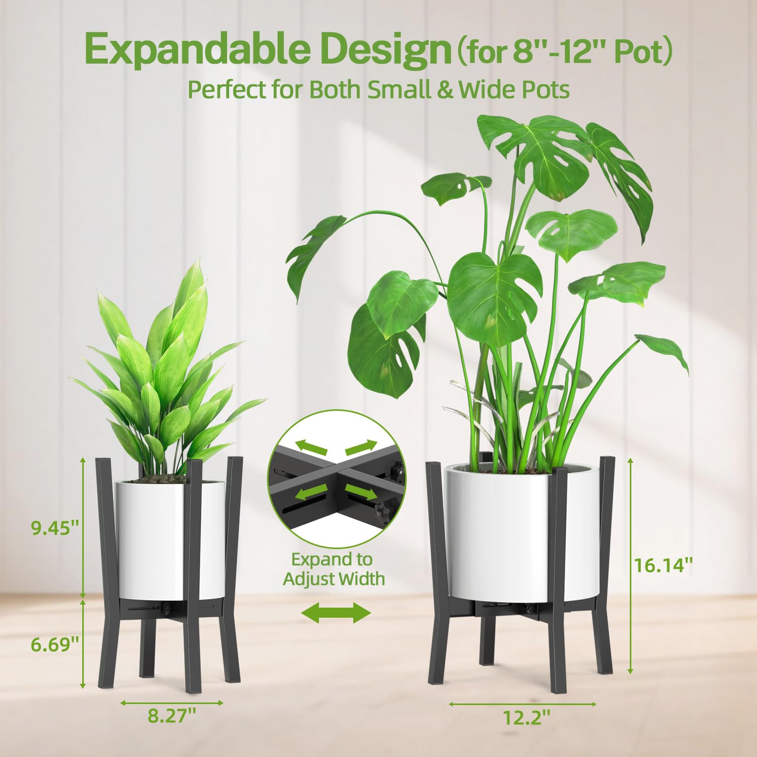 iDavosic.ly Adjustable Plant Pot Stand Indoor Outdoor 2 Pack, Metal Mid Century Modern Bamboo Short Single Flower Holder Fits 8 to 12 Inch Large Heavy Duty Planter (Not Included) | Black