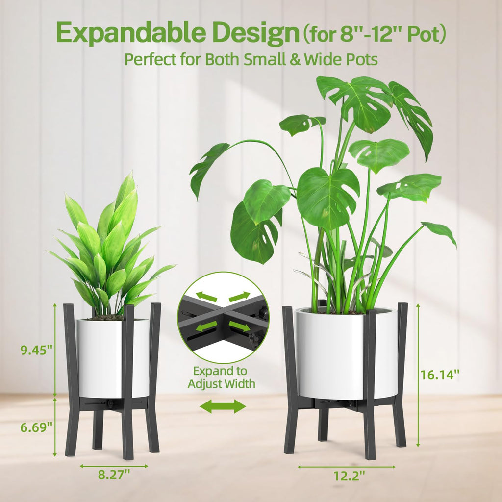 iDavosic.ly Adjustable Plant Pot Stand Indoor Outdoor Set of 2, Stable Plant Holder, Fit 8 to 12 Inch Large Heavy Duty Planter (Not Included) | for Balcony, Living Room, Porch, Brown & Black
