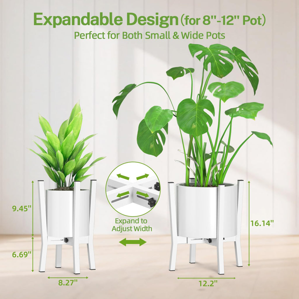 iDavosic.ly Adjustable Plant Pot Stand Indoor Outdoor Set of 2, Stable Plant Holder, Fit 8 to 12 Inch Large Heavy Duty Planter (Not Included) | for Balcony, Living Room, Porch, Black & White