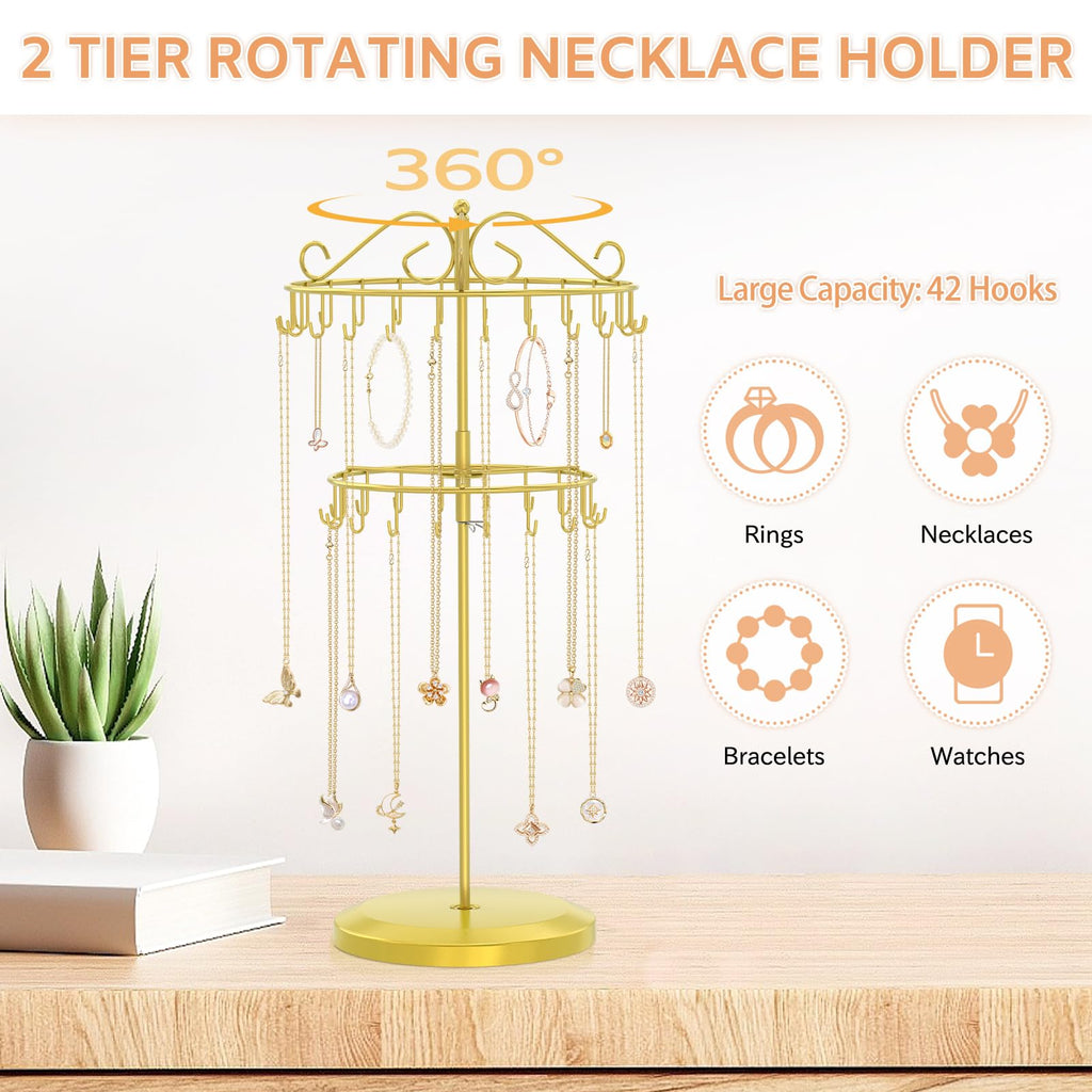 iDavosic.ly 2 Tier Rotating Necklace Holder Organizer with 42 Hooks, Adjustable Metal Bracelet Display Stand Rack, Extra Tall Keychain Spinning Tree Tower for Women, Gold