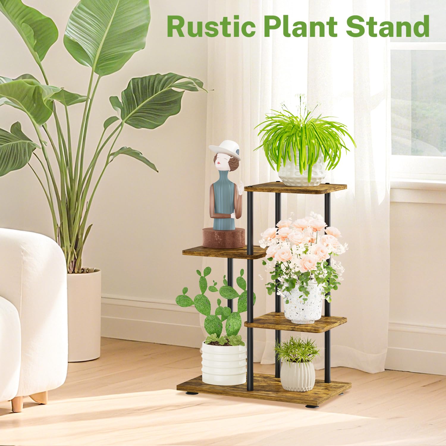 iDavosic.ly 3 Tier Plant Stand Indoor Outdoor Set of 2, Metal Wood Corner Flower Pot Holder Shelf and 25 Inch Tall Orchid Display Rack for Patio Porch Living Room Balcony, Modern Black & Rustic Brown