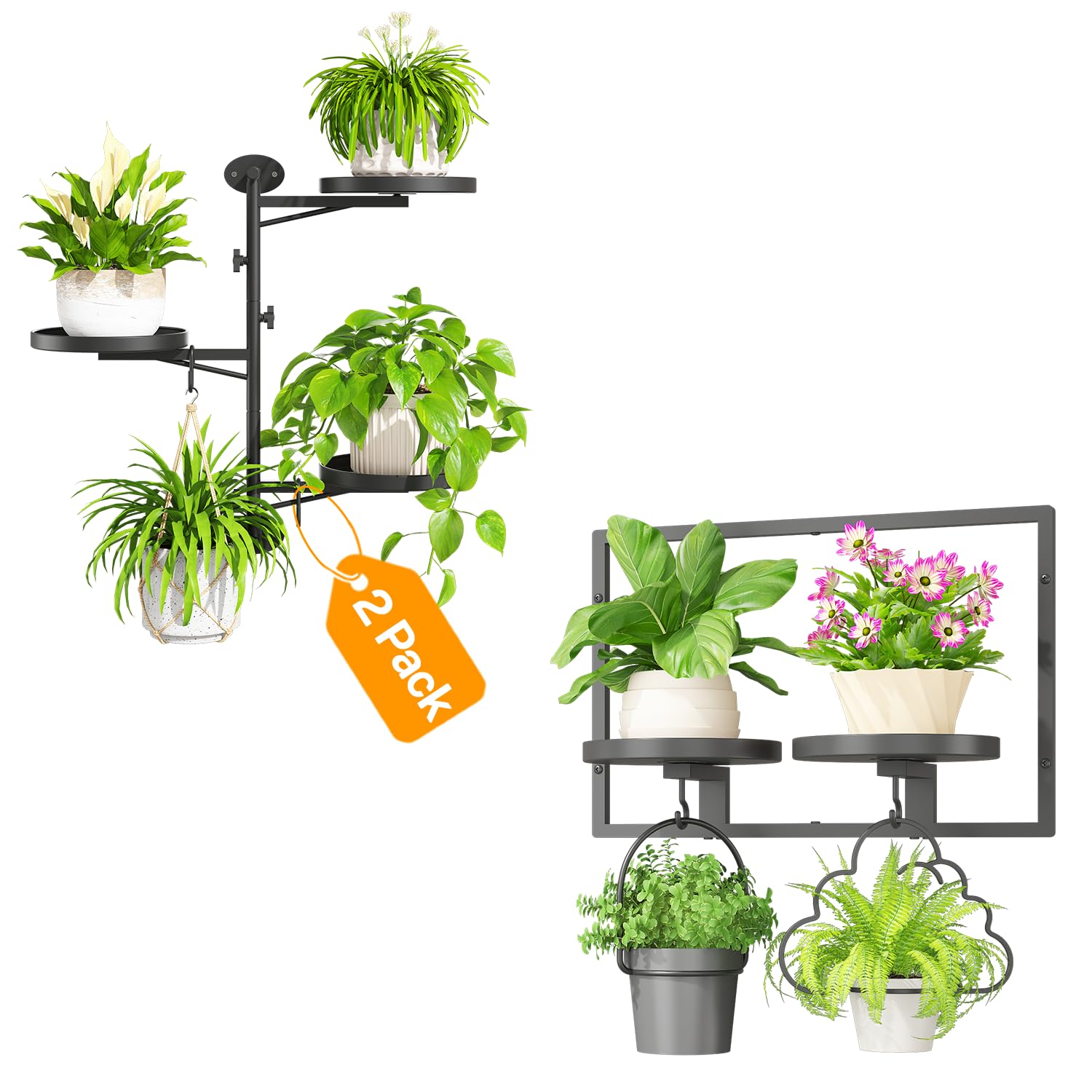 iDavosic.ly Wall Plant Shelves Set of 2, Multi-Level Metal Shelf for Displaying Plants, Picture Frames Home Decor, Space Saving Floating Rack for Living Room, Black (Pots/Chains/Plants Not Included)