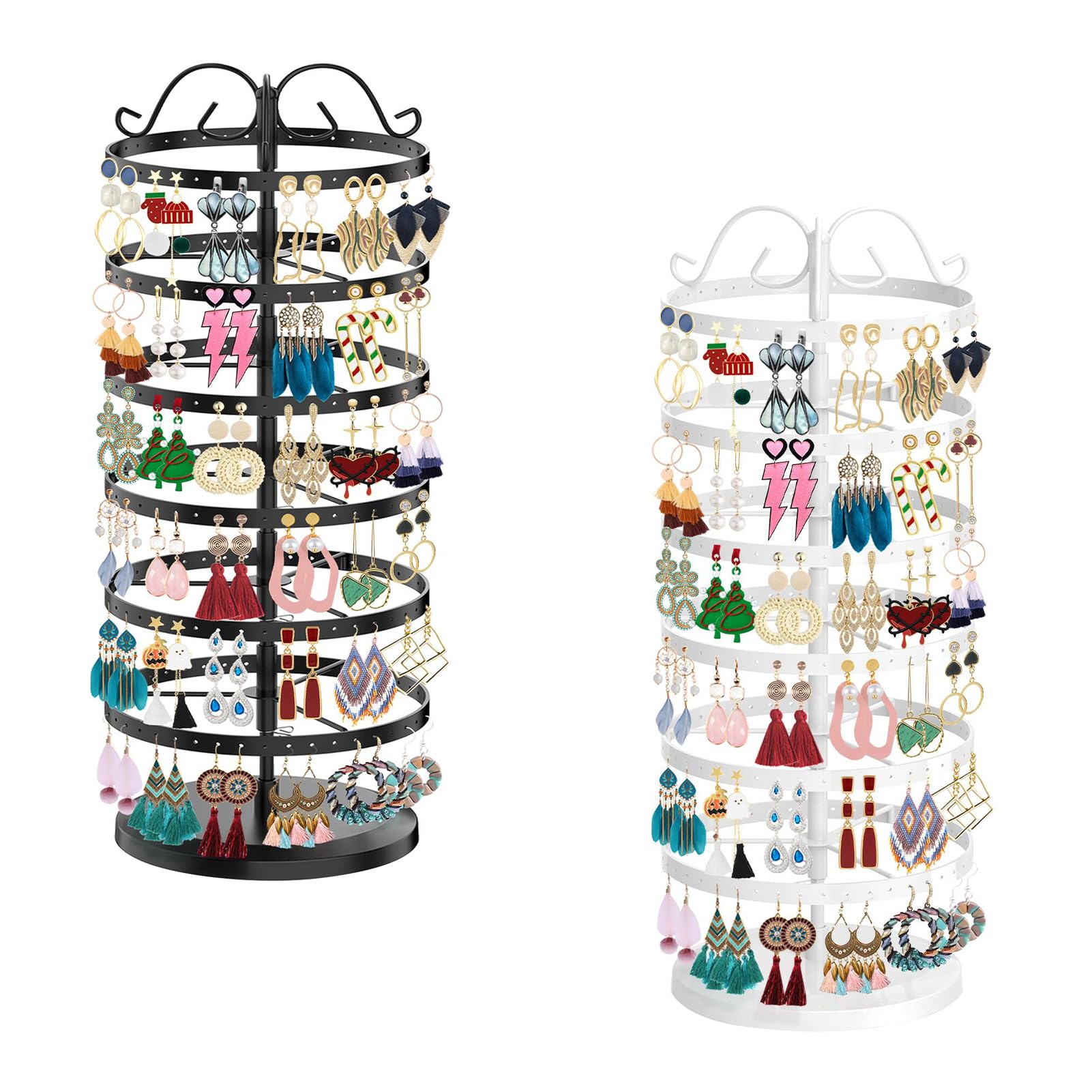 iDavosic.ly 6 Tier Metal Rotating Earring Holder Organizer 2 Pack, 264 Holes Large Stud Storage Display Stands Tree Rack, Adjustable Pierced Hoop Dangle Tower for Women, Black and White