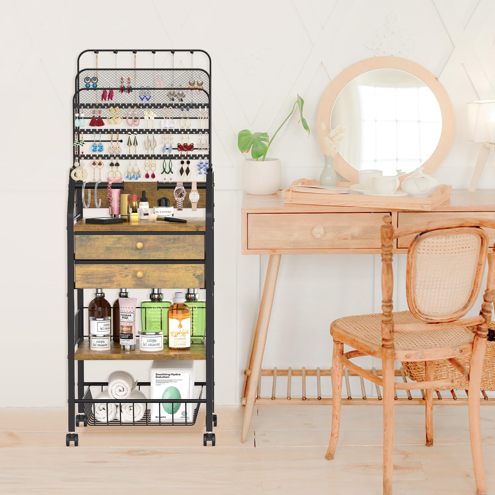 iDavosic.ly Large Jewelry Holder Organizer with 2 Box Drawer, Metal Earring Stand with 2 Storage Basket, Necklace Bracelet Ring Display Armoire, Black and Brown