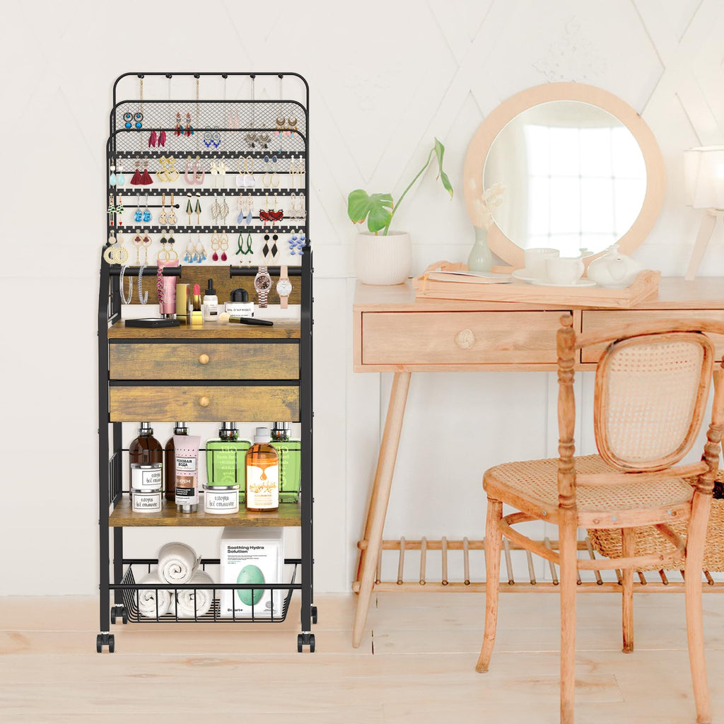 iDavosic.ly Large Jewelry Holder Organizer with 2 Box Drawer, Metal Earring Stand with 2 Storage Basket, Necklace Bracelet Ring Display Armoire, Black and Brown