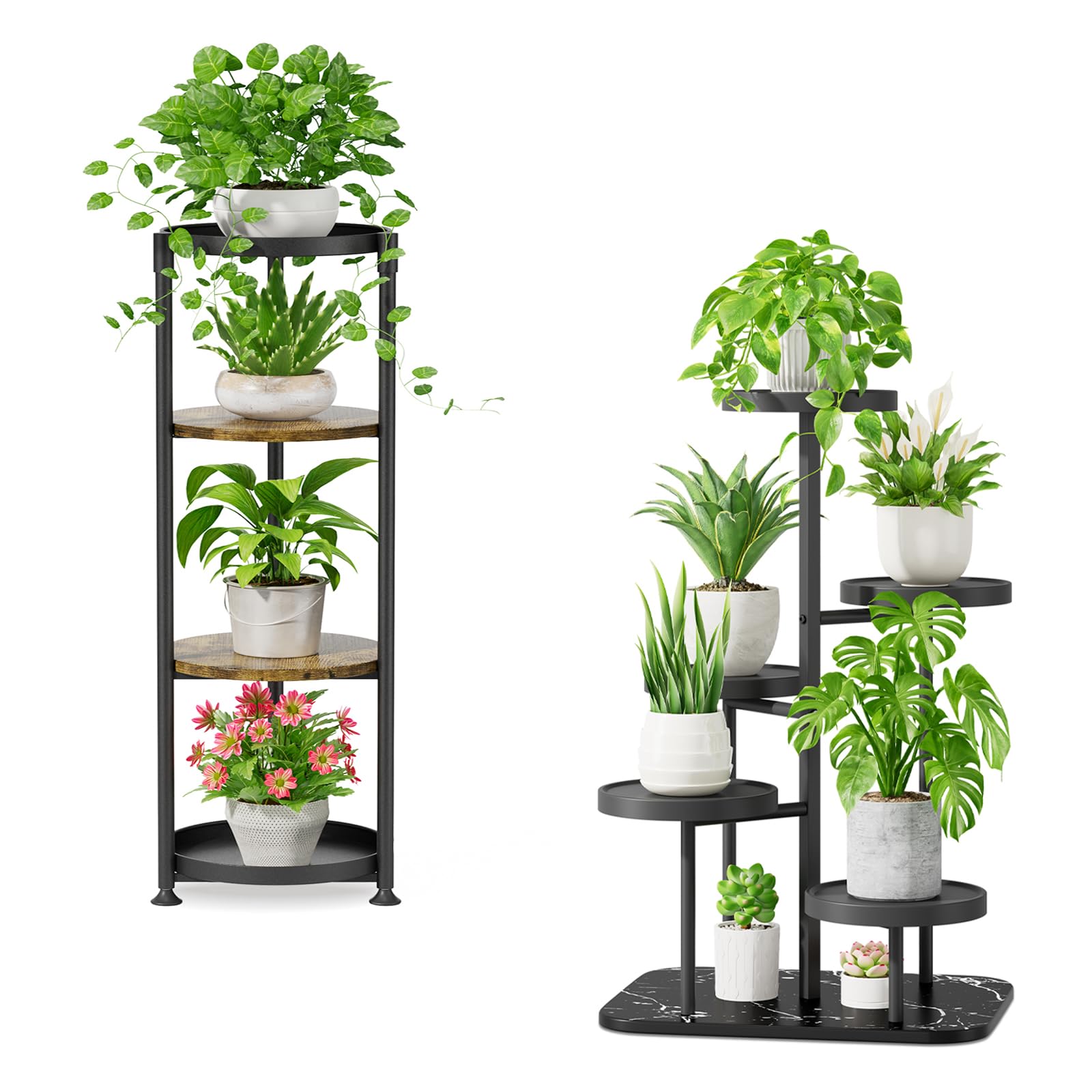iDavosic.ly Plant Stand Indoor Outdoor 2 Pack, 4 Tier Tall Vertical Flower Pot Holder Shelf and 5 Layer Metal Plastic Corner Orchid Display Rack for Patio Porch Garden Balcony Office Living Room