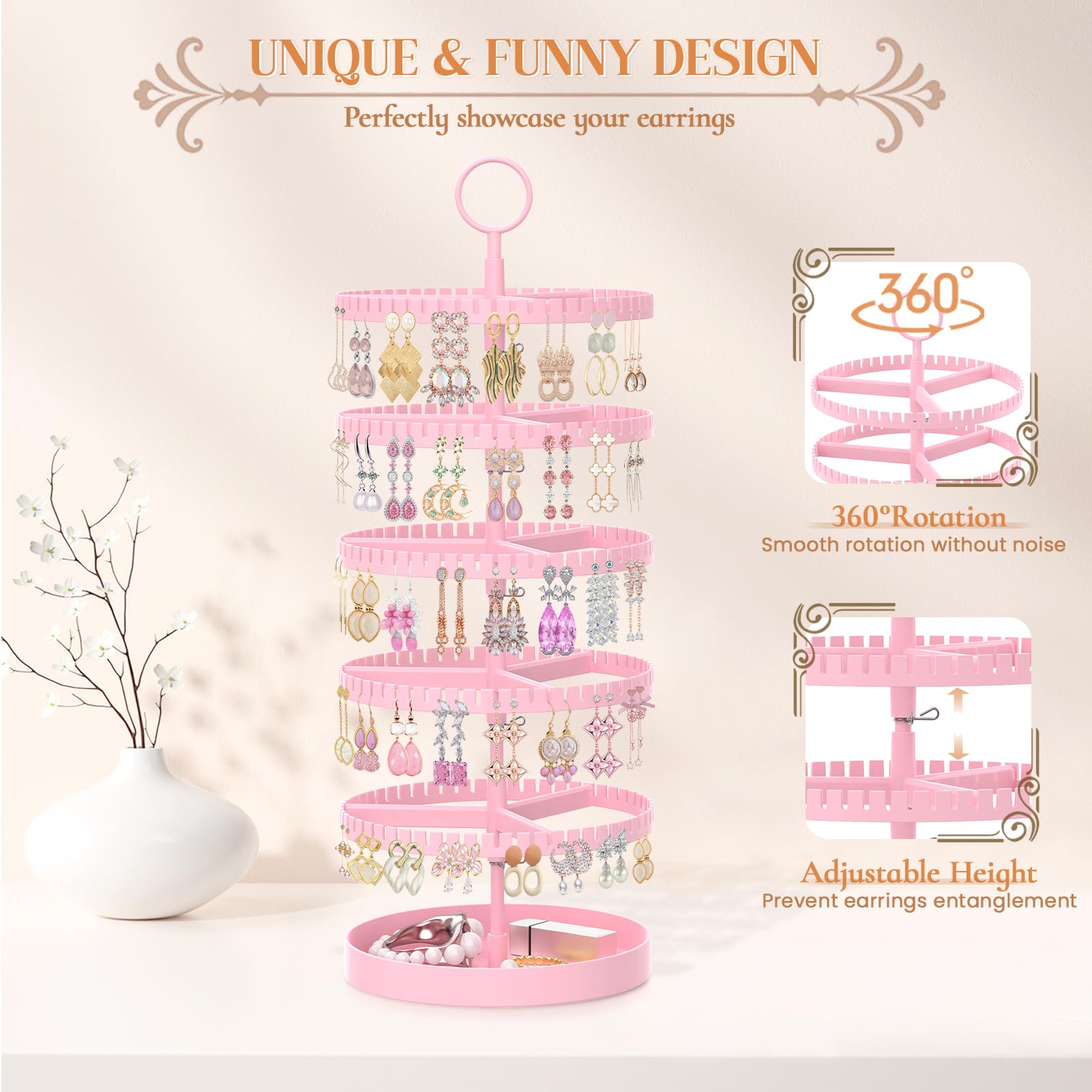 iDavosic.ly 5 Tier Rotating Earring Holder Organizer with Metal Tray, Adjustable Plastic Dangle Display Stands Tree with 285 Grooves, Large Hoop Storage Rack Tower, Pink