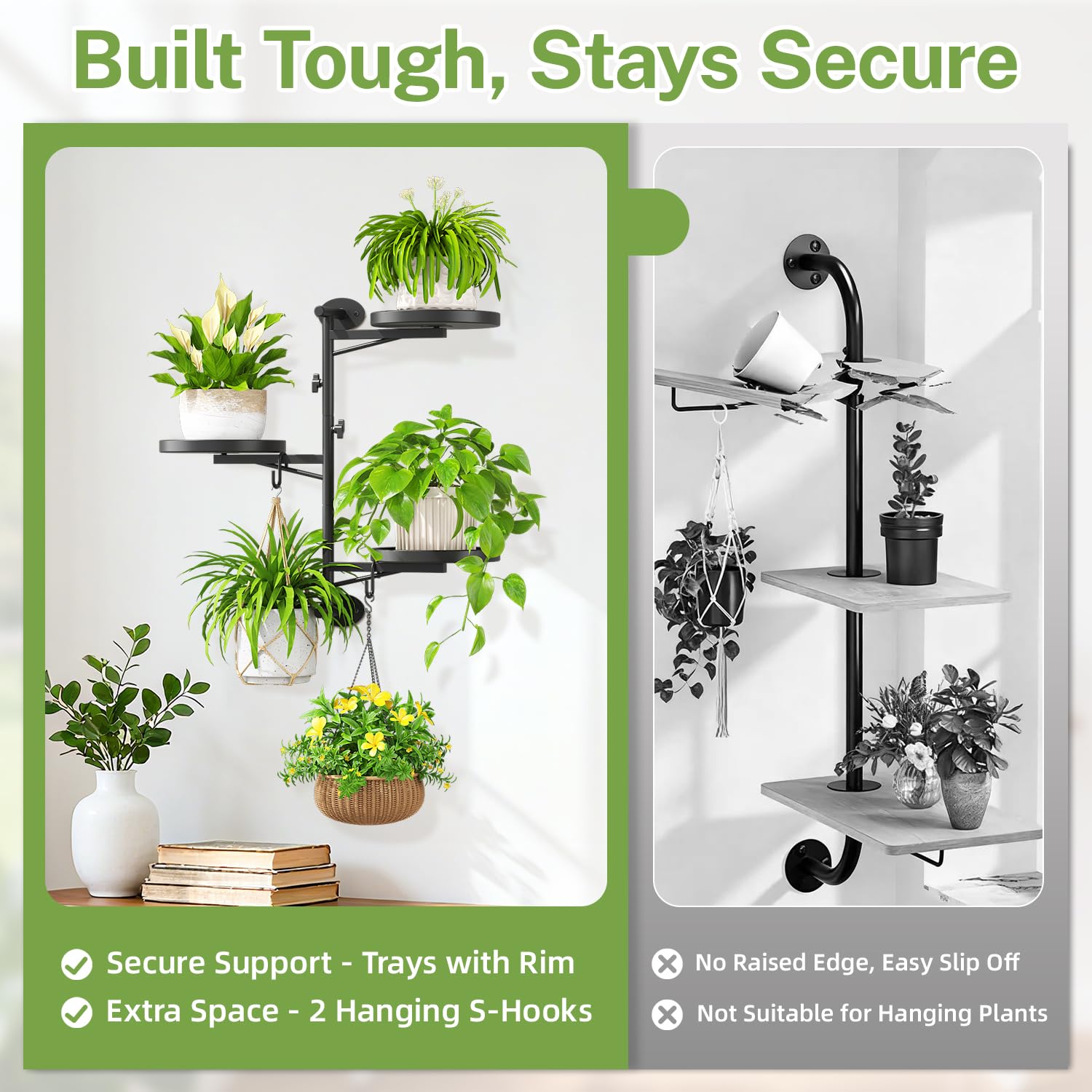 iDavosic.ly Wall Plant Holder Set of 3，Rotating 3-Tier Window Shelf, 11.8 Inch Heavy Duty Hooks, Metal Display Stand Brackets for Garden, Patio, Space Saving Black (Pots/Chains/Plants Not Included)