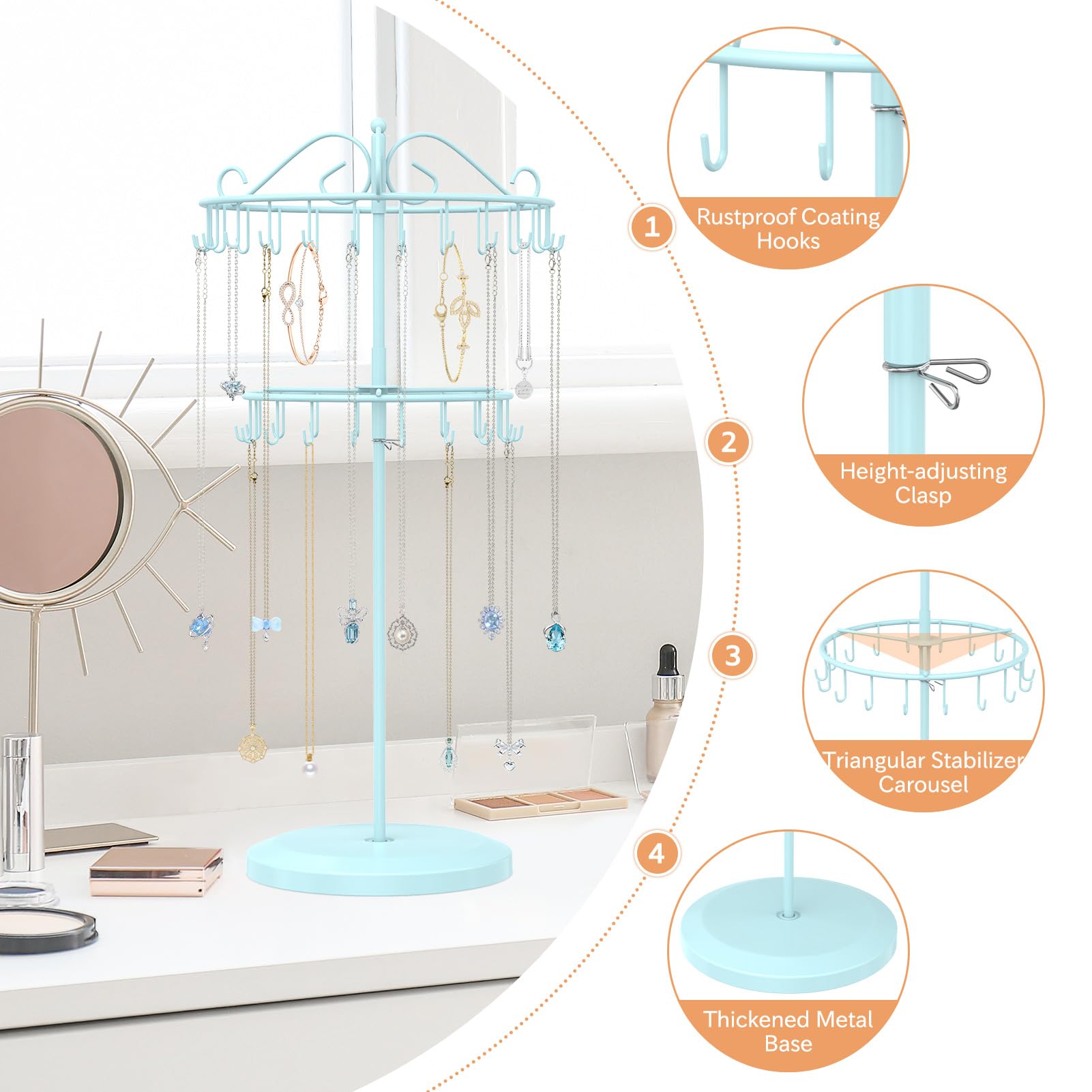 iDavosic.ly 2 Tier Rotating Necklace Holder Organizer with 42 Hooks, Adjustable Metal Bracelet Display Stand Rack, Extra Tall Keychain Spinning Tree Tower for Women, Blue