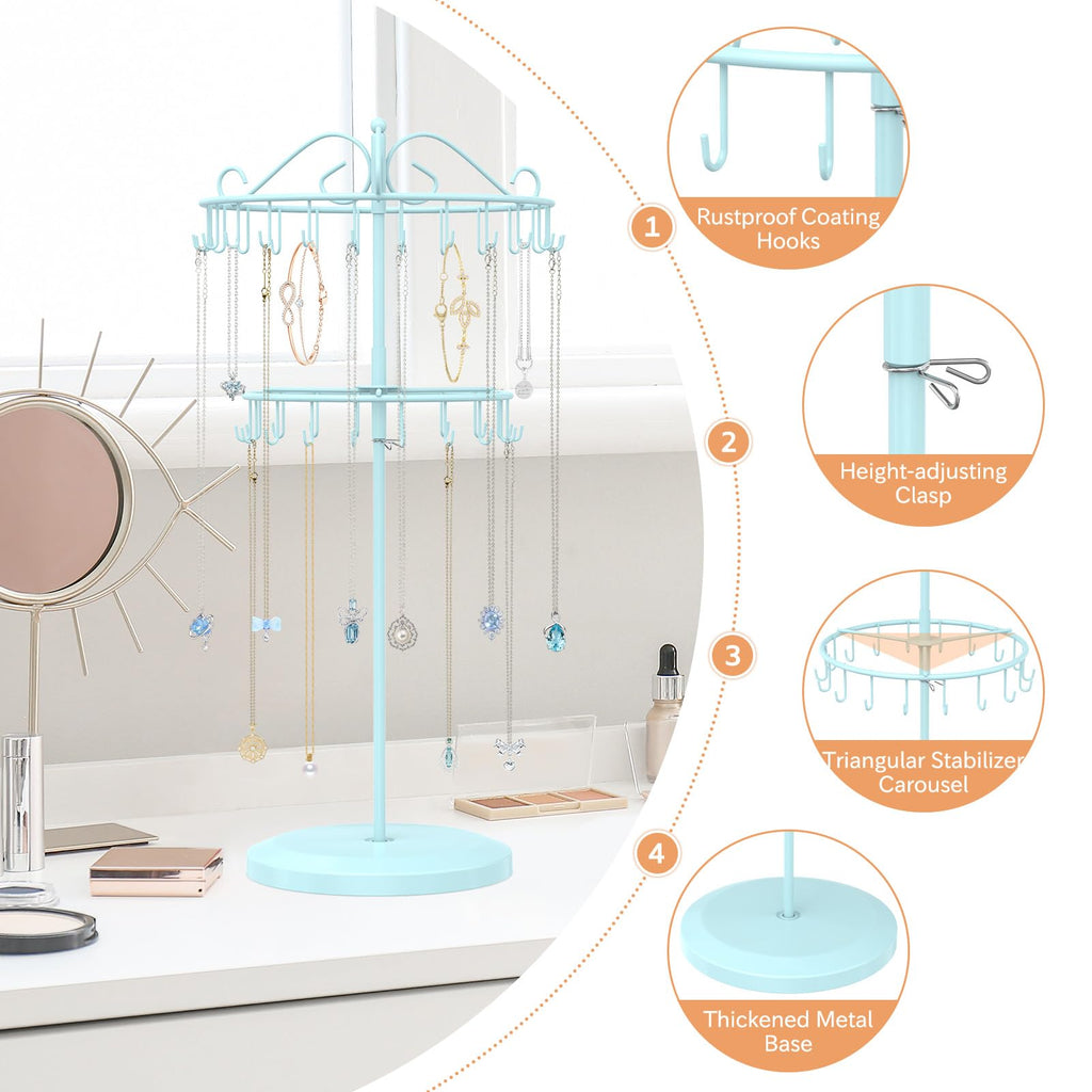 iDavosic.ly 2 Tier Rotating Necklace Holder Organizer with 42 Hooks, Adjustable Metal Bracelet Display Stand Rack, Extra Tall Keychain Spinning Tree Tower for Women, Blue