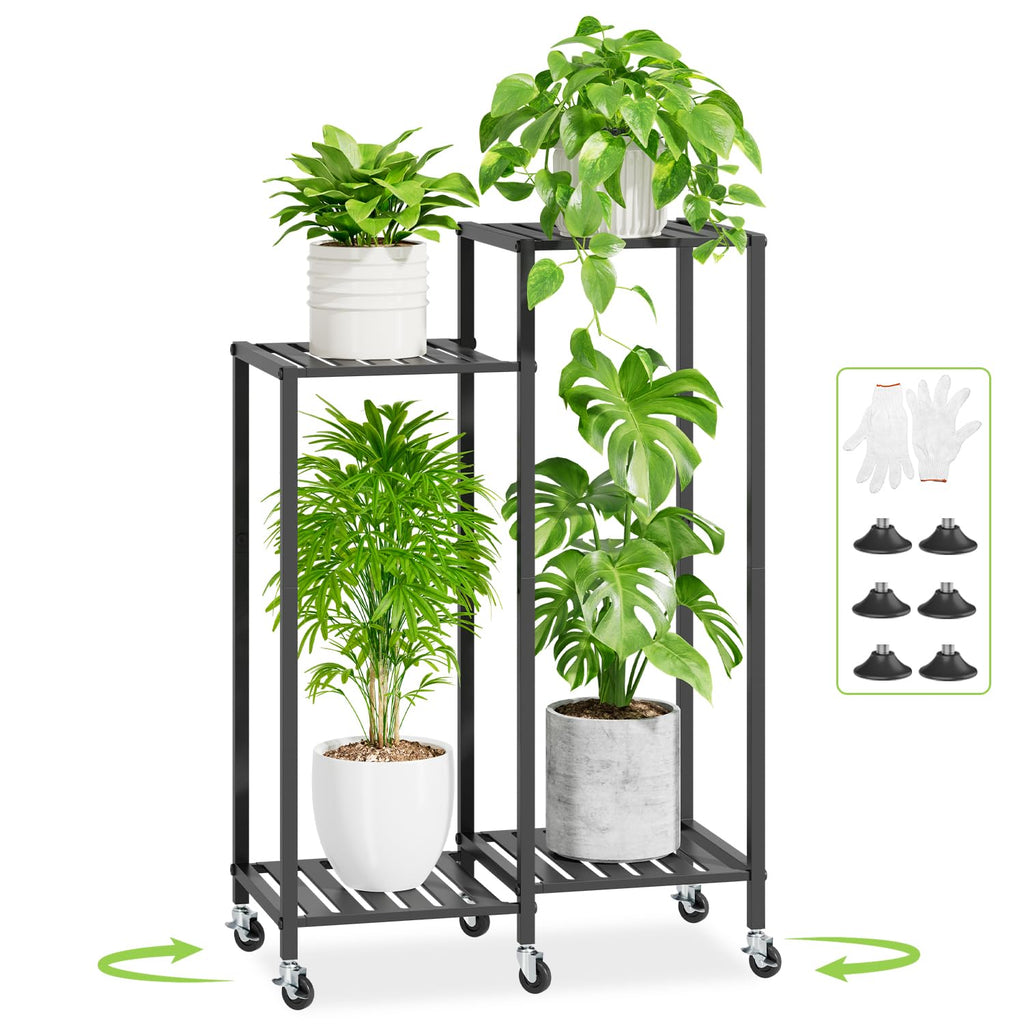 iDavosic.ly Plant Stand Indoor Outdoor Set of 2,4 Tier Metal Flower Holder Shelf with Wheels and 4 Layer Tall Orchid Display Rack for Patio Porch Living Room Balcony Outdoor