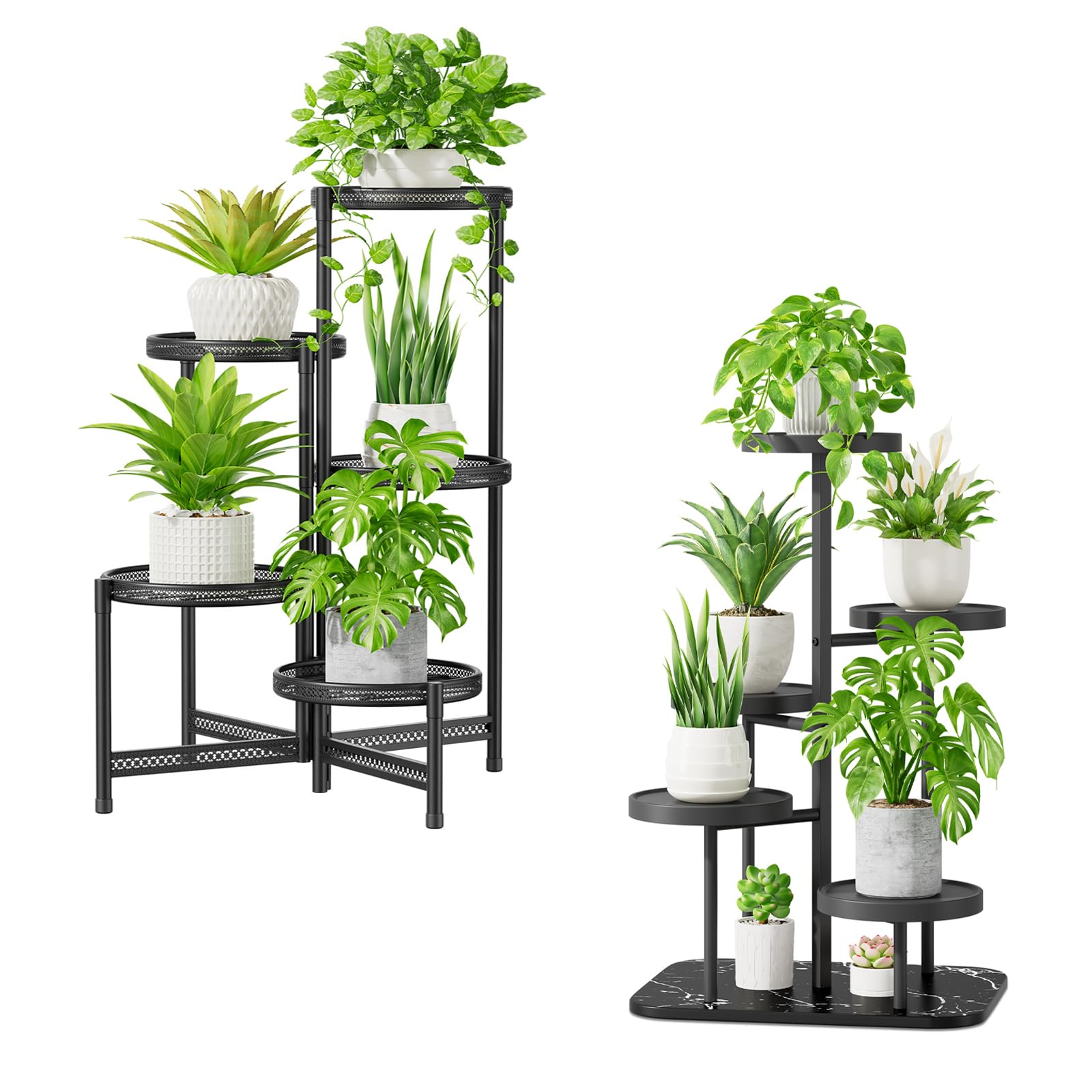 iDavosic.ly 5 Tier Plant Stand for Indoor Outdoor 2 Pack, Large Folding Tall Flower Pot Holder Shelf and Metal Plastic Corner Orchid Display Rack for House Patio Porch Garden Balcony, Black