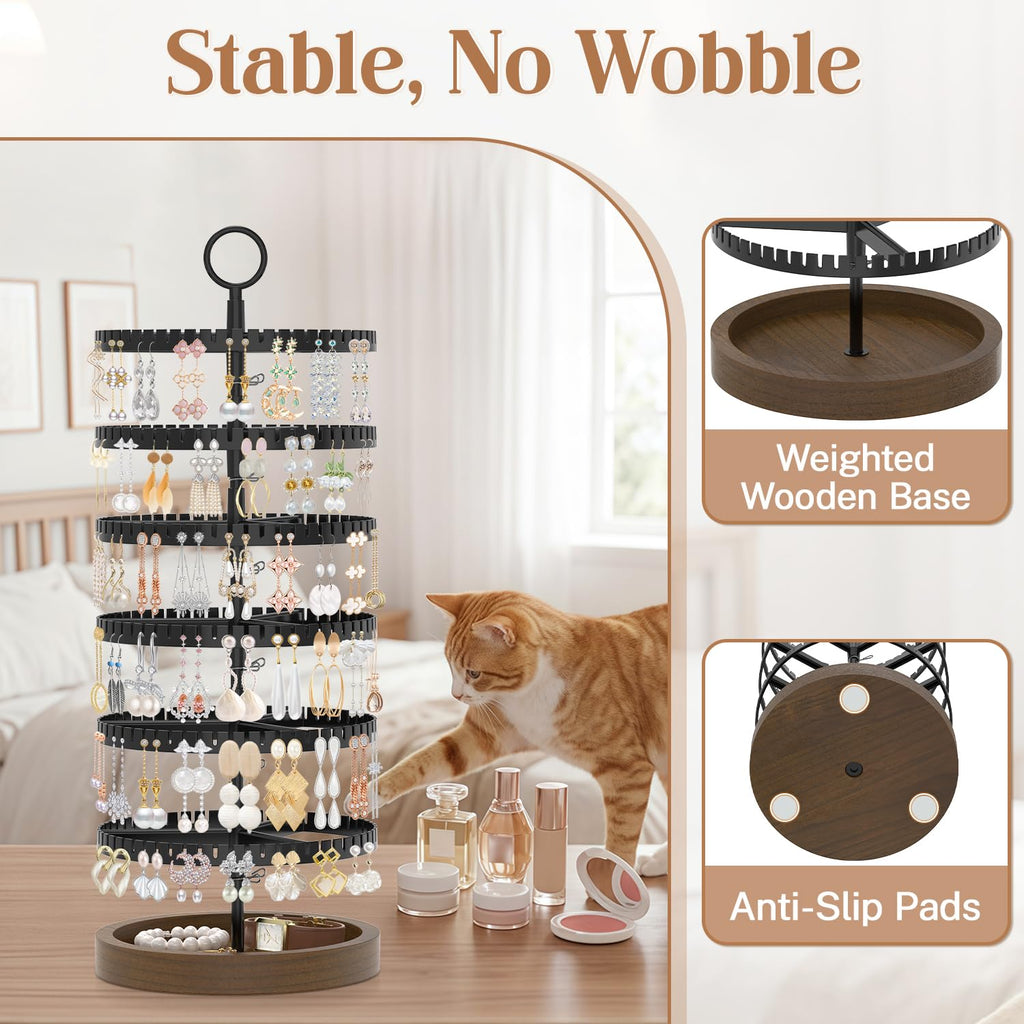 iDavosic.ly Jewelry Organizer Stand with Wooden Base Set of 2, Large Dangle Display Stands Tree with 342 Plastic Grooves and Rotating Necklace Bracelet Holder with 42 Hooks for Women