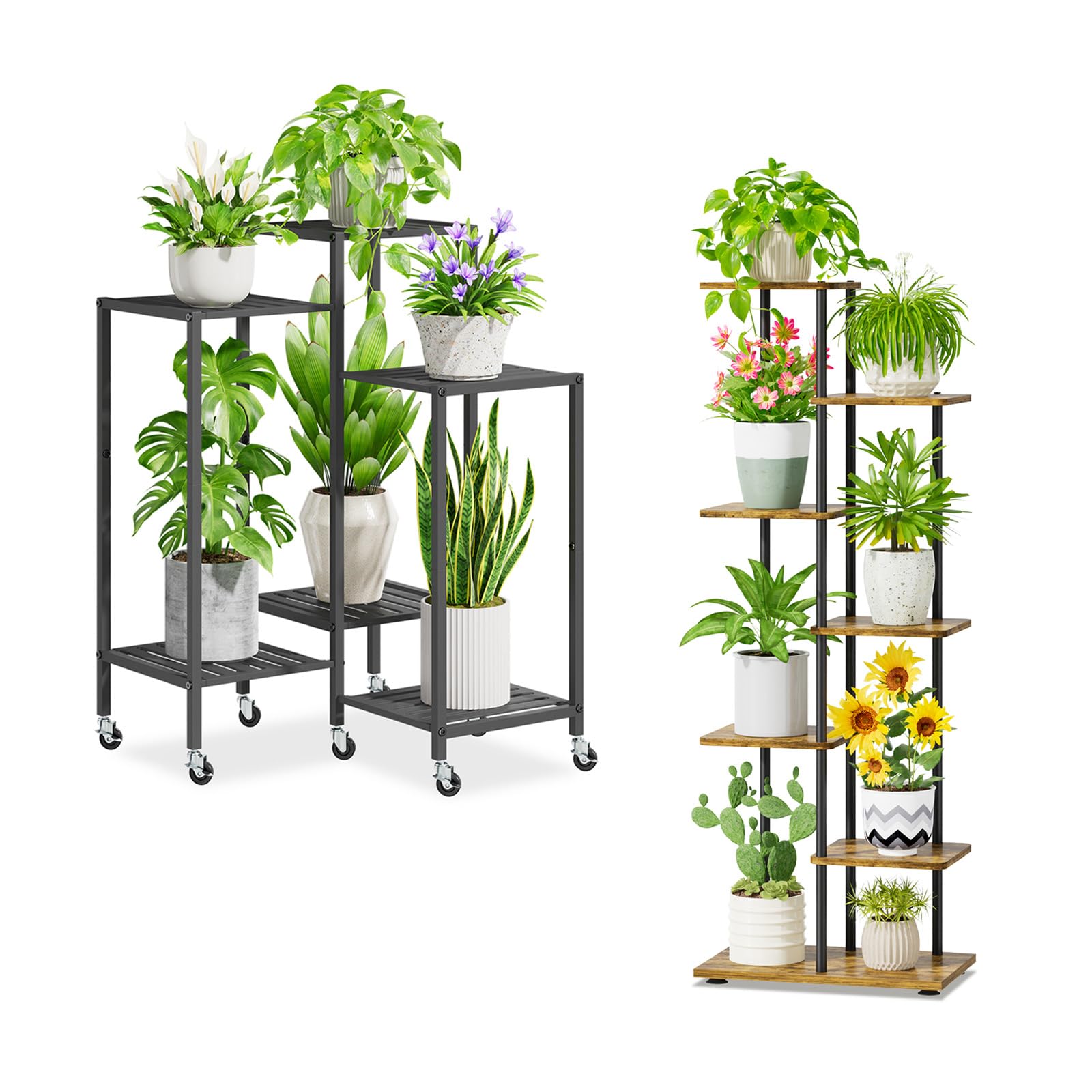 iDavosic.ly Plant Stand Indoor Outdoor Set of 2,6 Tier Metal Flower Holder Shelf with Wheels and 6 Layer Tall Orchid Display Rack for Patio Porch Living Room Balcony Outdoor