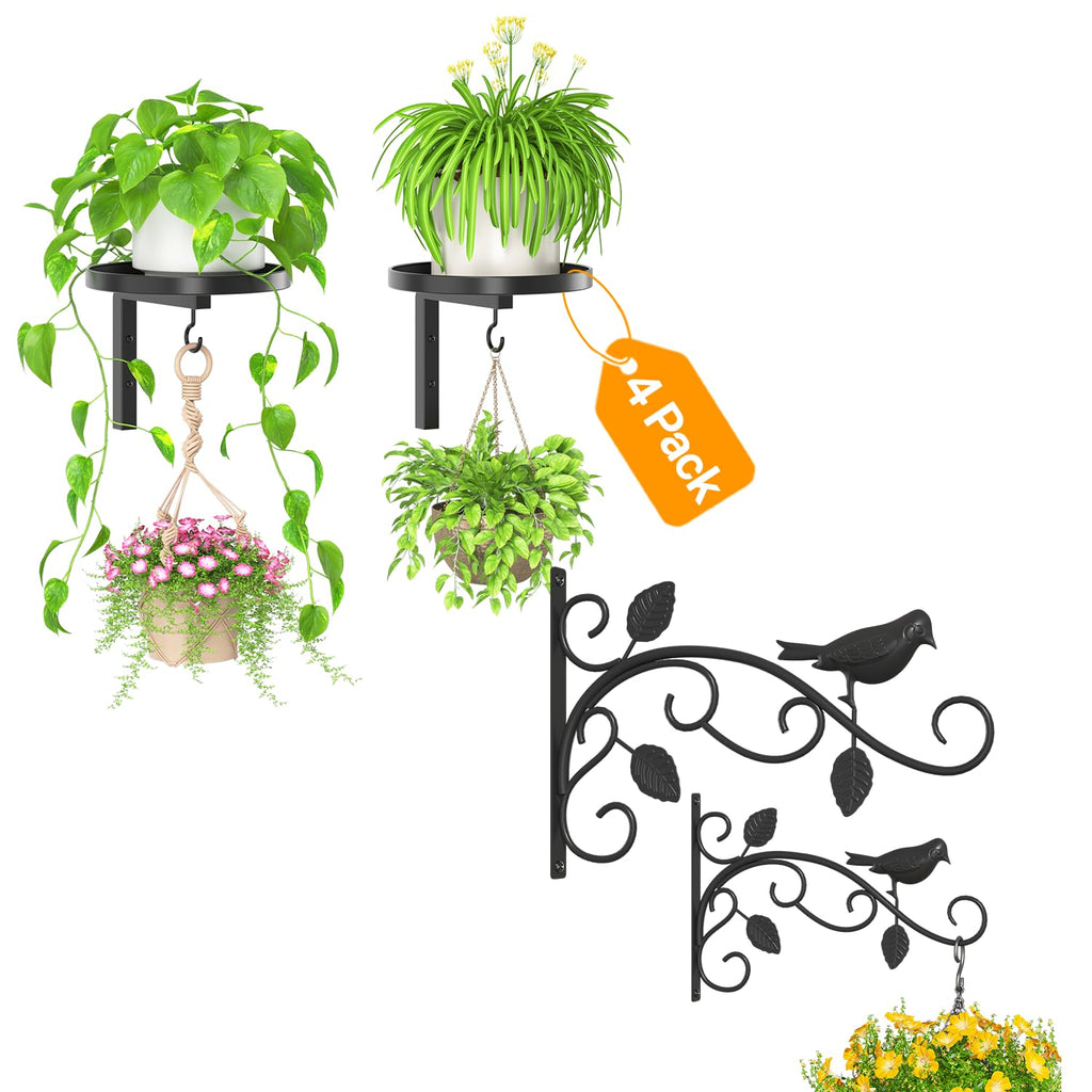 iDavosic.ly Wall Plant Holder Set of 3 for Indoor Outdoor, Metal Hanger with 2 Hooks, 12 Inch Heavy Duty Iron Wall Brackets for Hanging Plants, Baskets, Bird Feeders, Window Garden Porch Patio, Black