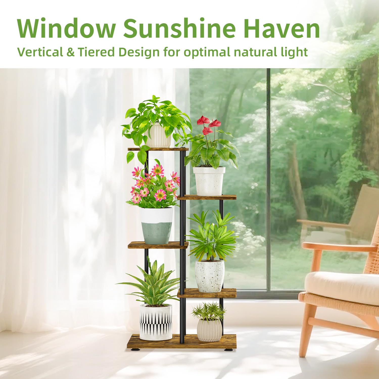 iDavosic.ly 4 Tier Plant Stand Indoor Outdoor Set of 2, Metal Wood Corner Flower Pot Holder Shelf and 34 Inch Tall Orchid Display Rack for Patio Porch Living Room Balcony, Modern Black & Rustic Brown