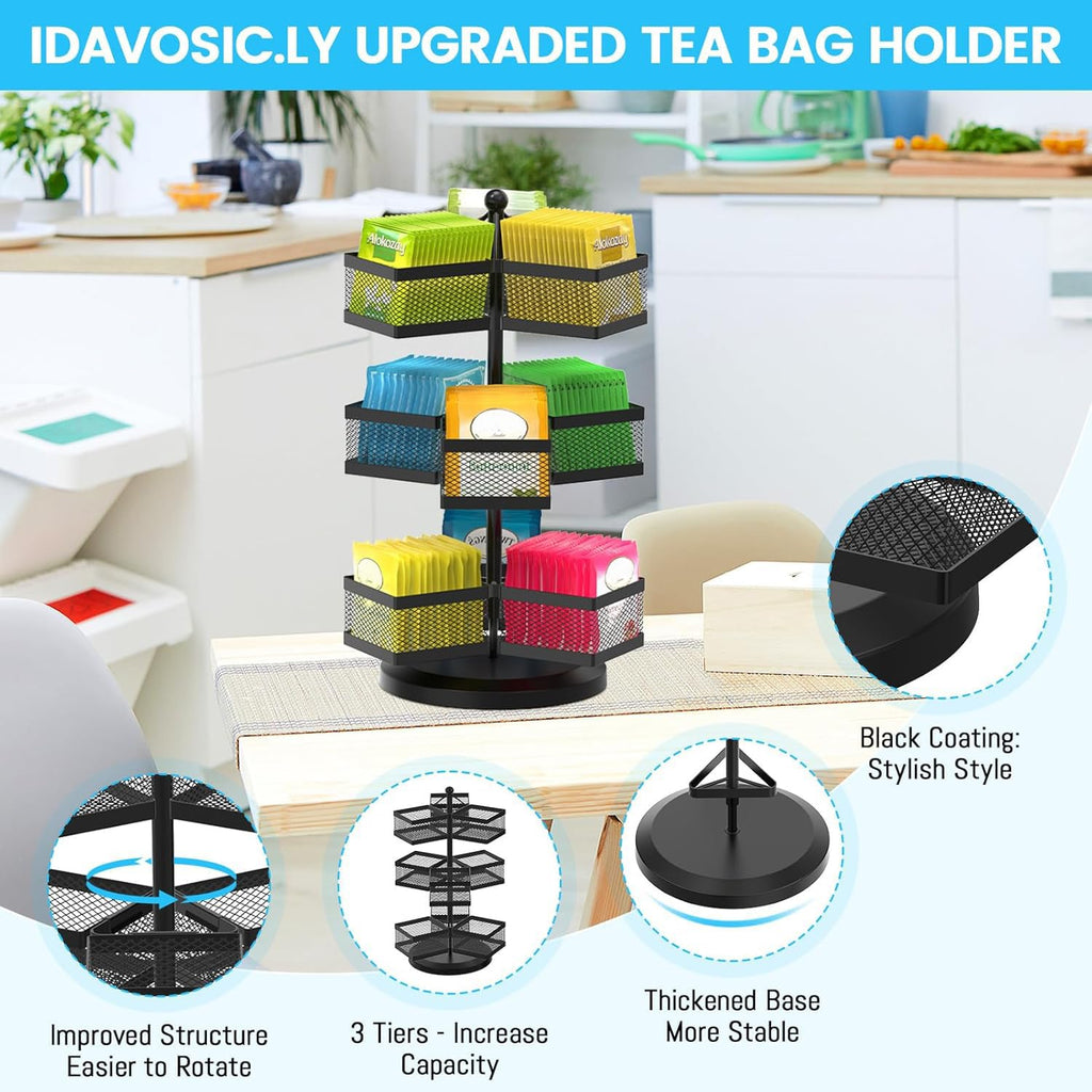 iDavosic.ly 3 Tier Tea Bag Organizer, Packet Storage Holder Spinning Carousel With 9 Compartments, Rotating Metal Caddy for Kitchen Counter Cabinet, Up to 108 Teabags Storage, Black