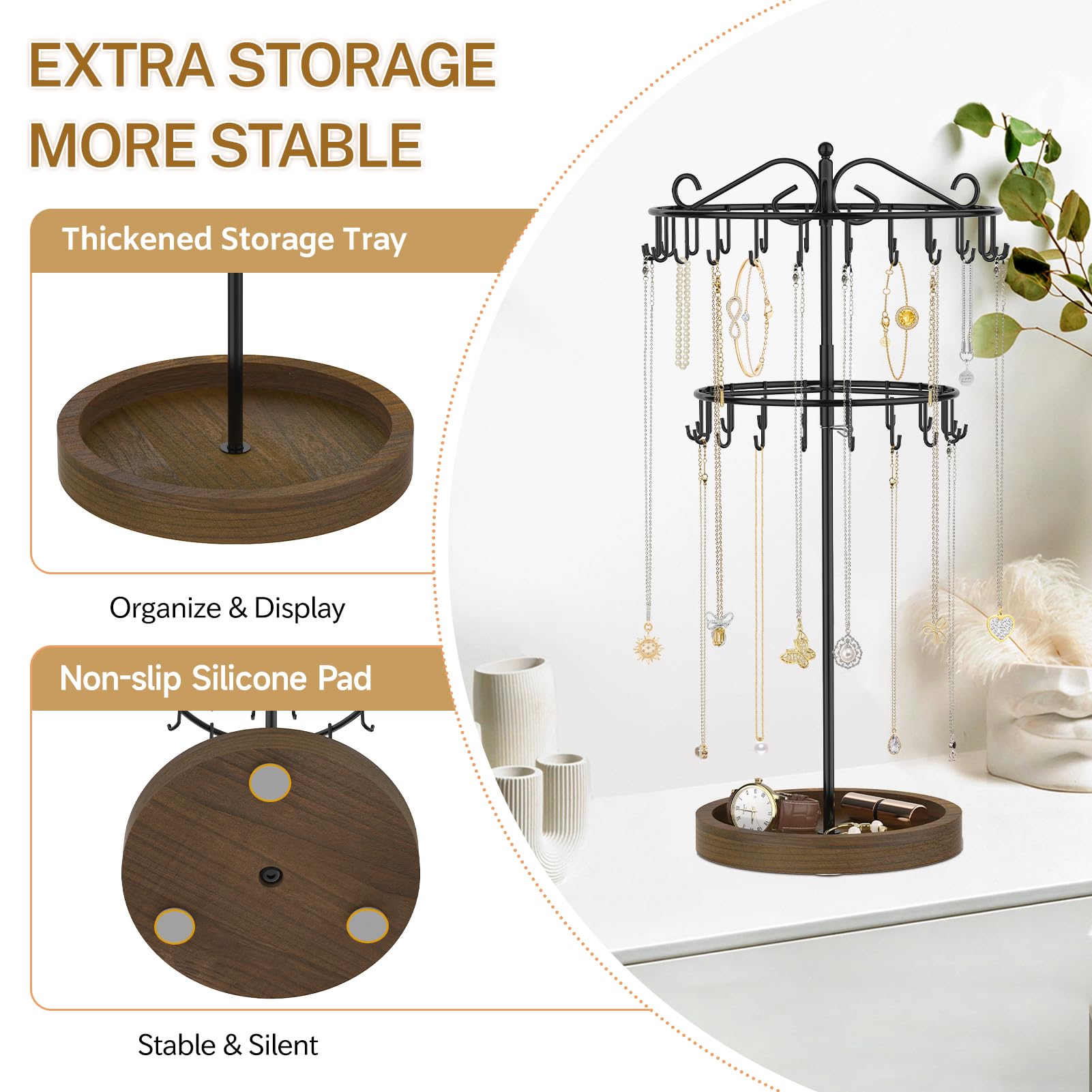 iDavosic.ly 2 Tier Rotating Necklace Holder Organizer with Wooden Jewelry Tray, Adjustable Metal Bracelet Display Stand with 42 Hooks, Extra Tall Keychain Spinning Tree Tower for Women, Black