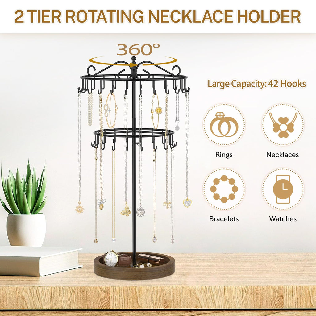 iDavosic.ly 2 Tier Rotating Necklace Holder Organizer with Wooden Jewelry Tray, Adjustable Metal Bracelet Display Stand with 42 Hooks, Extra Tall Keychain Spinning Tree Tower for Women, Black