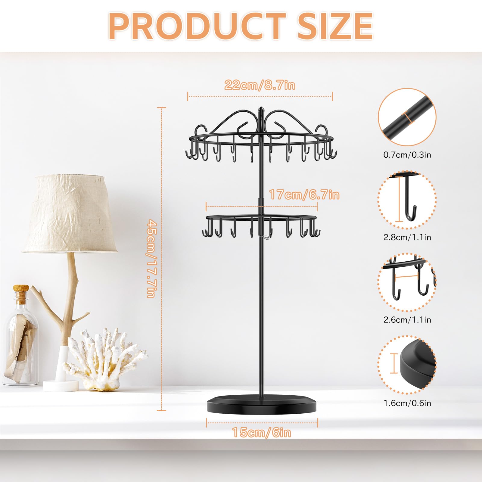iDavosic.ly 2 Tier Metal Rotating Necklace Holder Organizer and 5 Layer Plastic Adjustable Earring Display Stand Rack, Extra Tall Bracelet Keychain Spinning Tree Tower for Women, Black