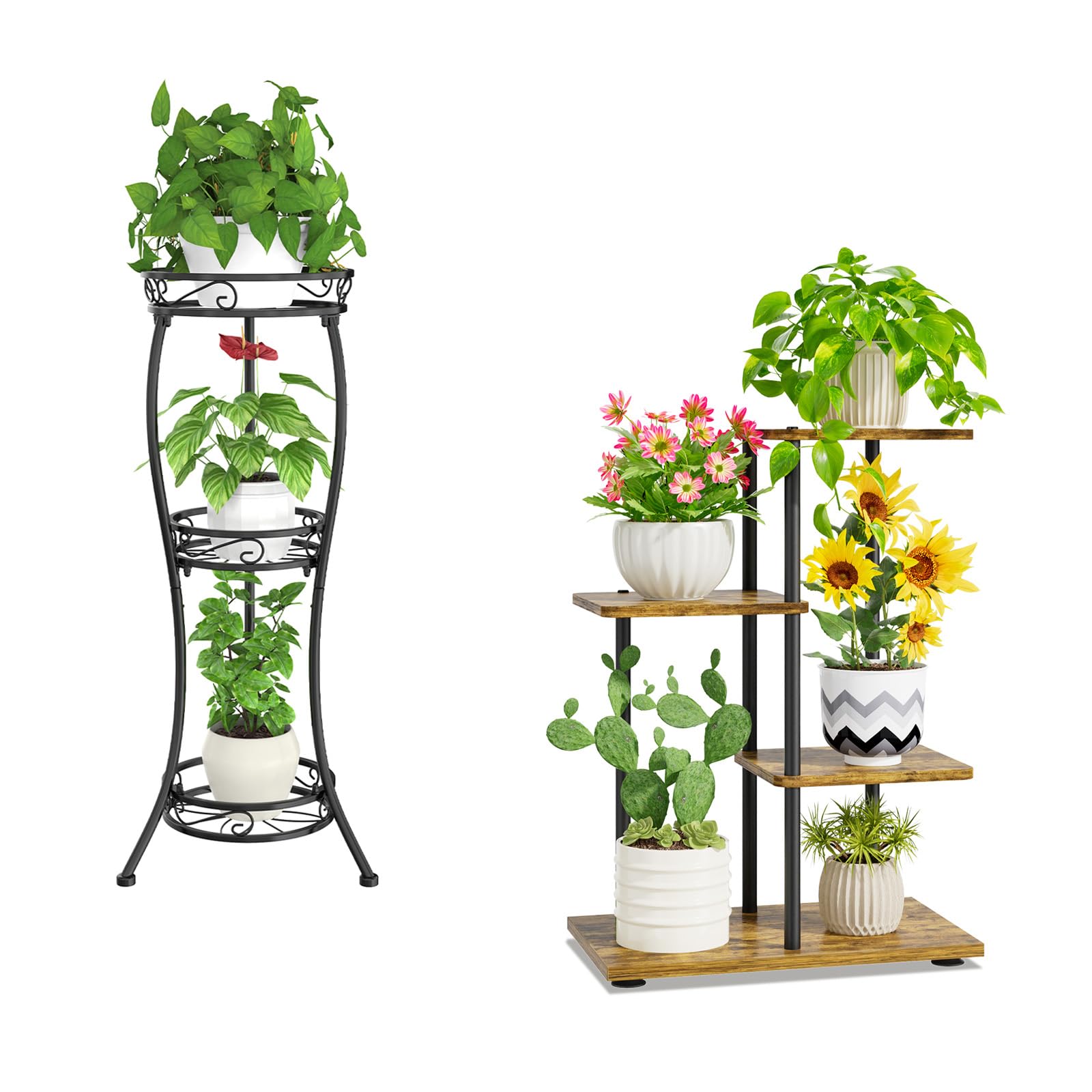 iDavosic.ly 3 Tier Plant Stand Indoor Outdoor Set of 2, 34 Inch Tall Wrought Iron Multiple Flower Display Rack and Metal Wood Corner Orchid Pot Holder Shelf for Patio Porch Living Room Balcont, Black