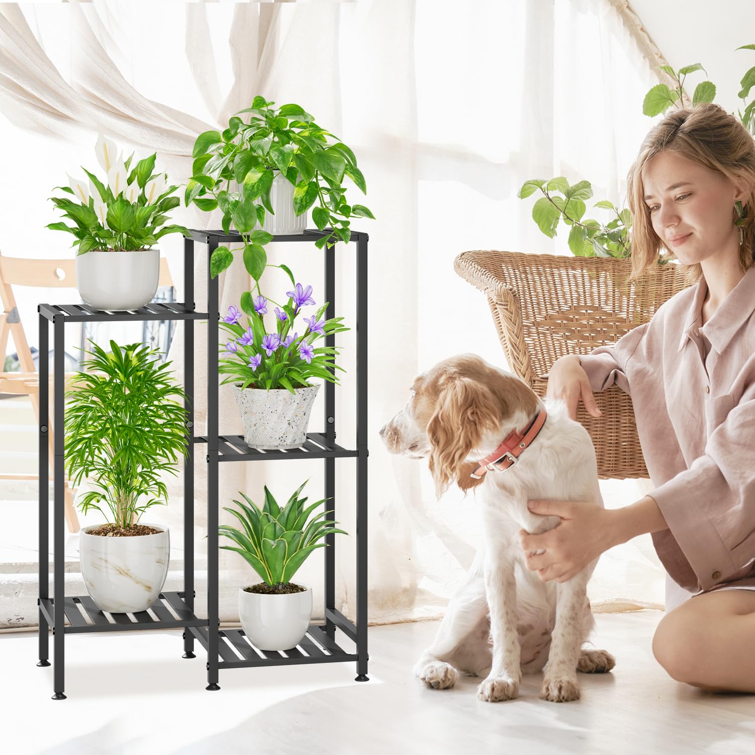 iDavosic.ly Plant Stand Indoor Outdoor Set of 2,5 Tier Metal Flower Holder Shelf with Wheels and 5 Layer Tall Orchid Display Rack for Patio Porch Living Room Balcony Outdoor