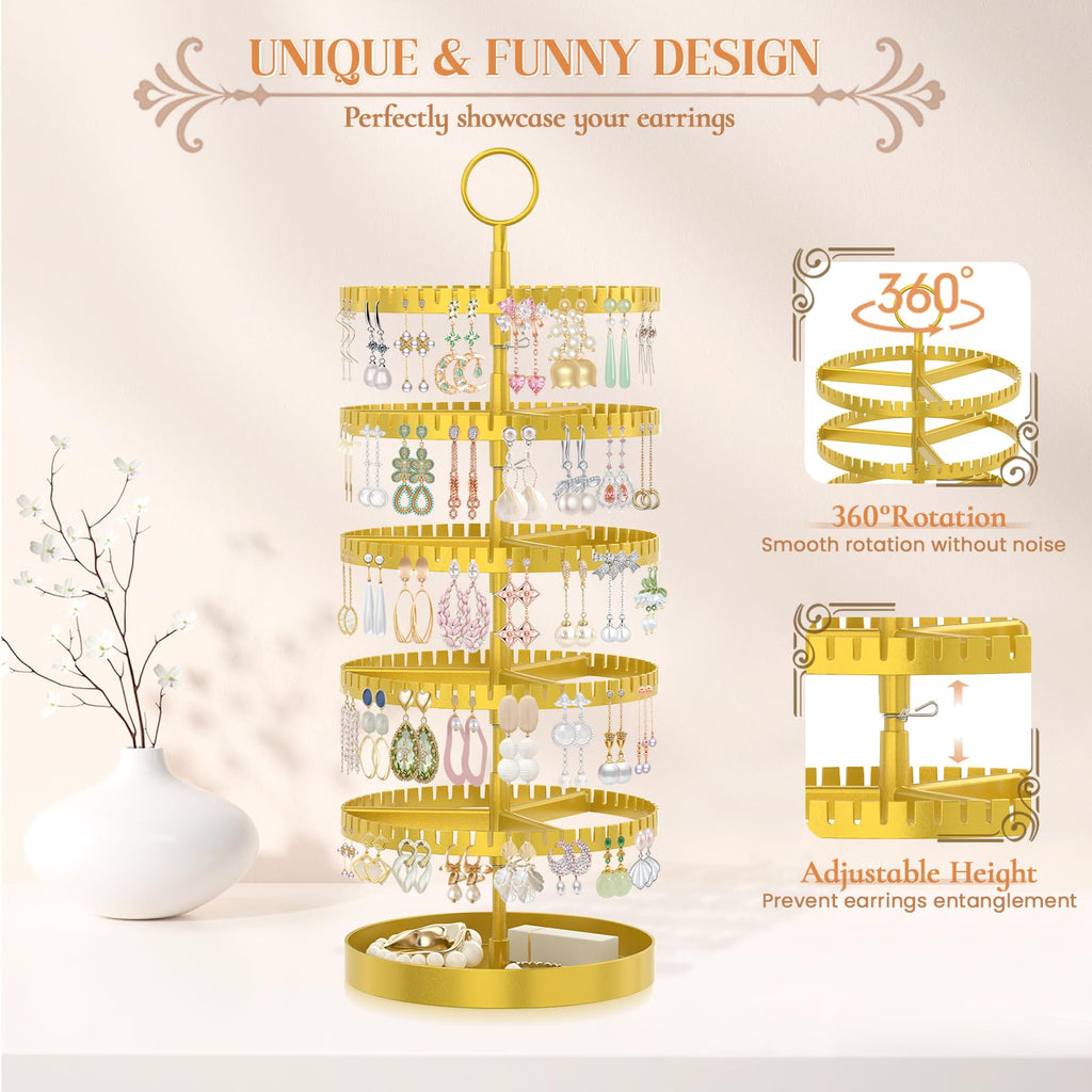 iDavosic.ly 5 Tier Rotating Earring Holder Organizer with Metal Tray, Adjustable Plastic Dangle Display Stands Tree with 285 Grooves, Large Hoop Storage Rack Tower, Gold