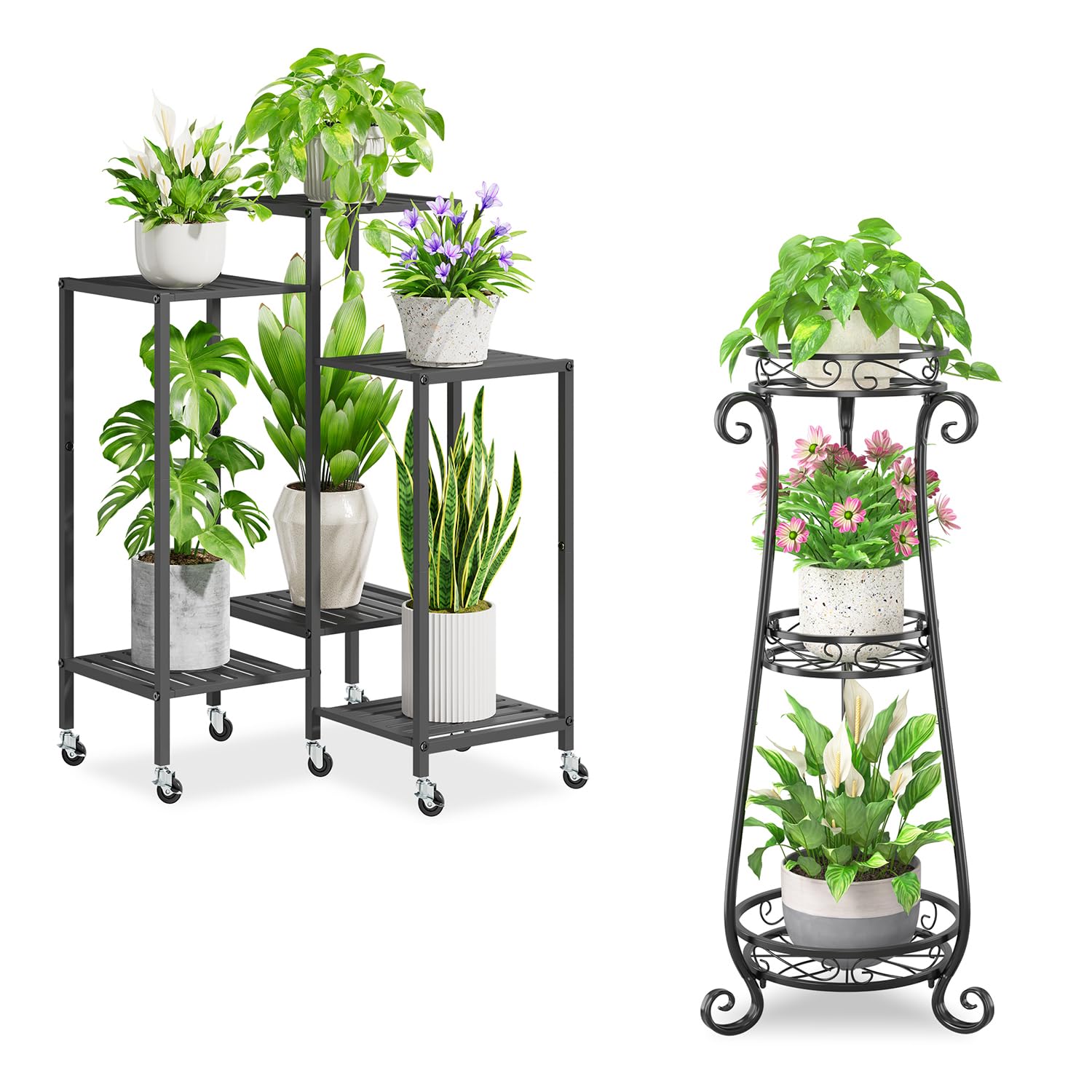 iDavosic.ly Metal Plant Stand Indoor Outdoor Set of 2, 3 Tiered Corner Flower Holder Shelf and 6 Layer Vertical Rolling Rack for Large Pots Modern Black