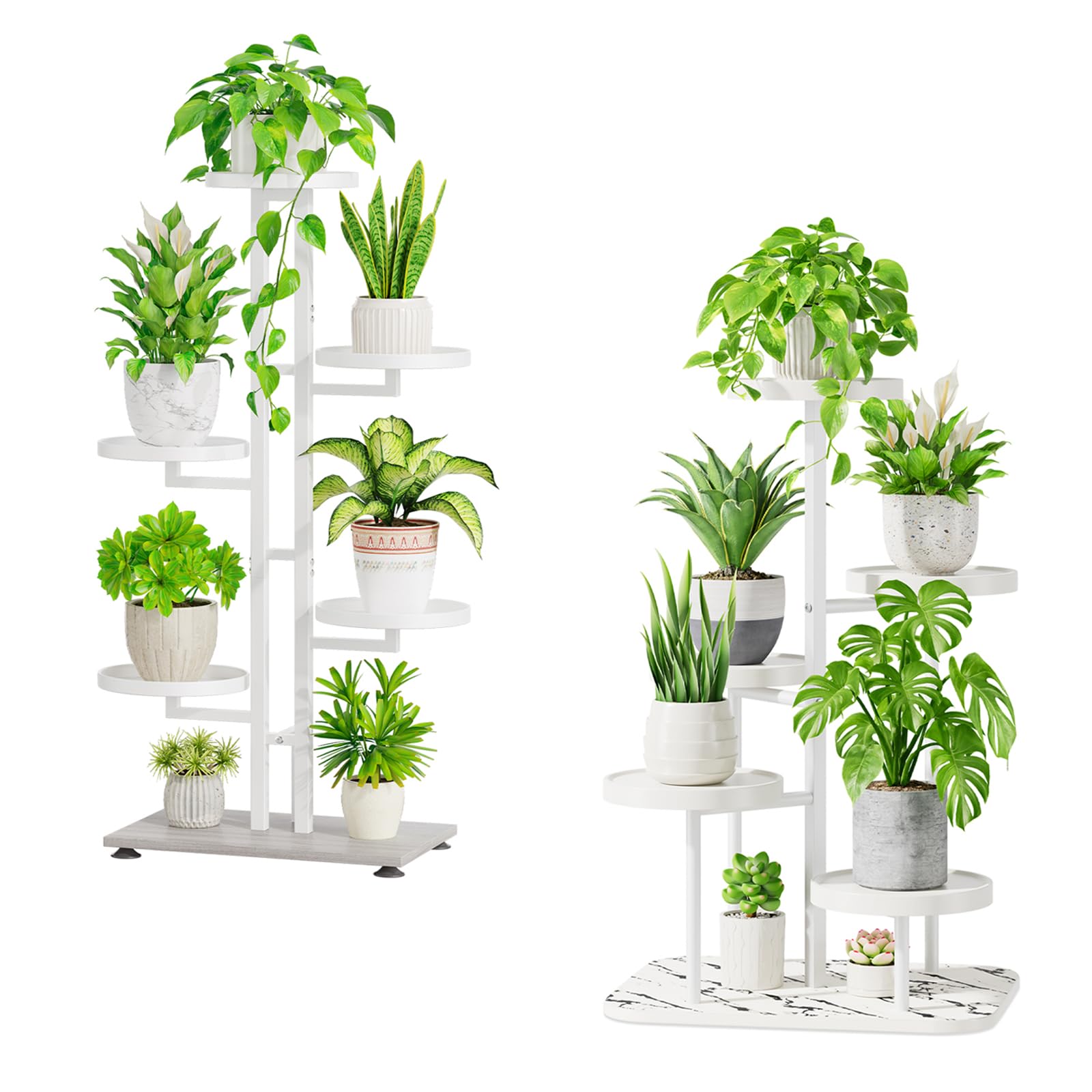iDavosic.ly Plant Stand for Indoor Outdoor 2 Pack, 6 Tier Tall Flower Pot Holder Shelf and 5 Layer Metal Plastic Corner Orchid Display Rack for House Patio Porch Garden Balcony Living Room, White