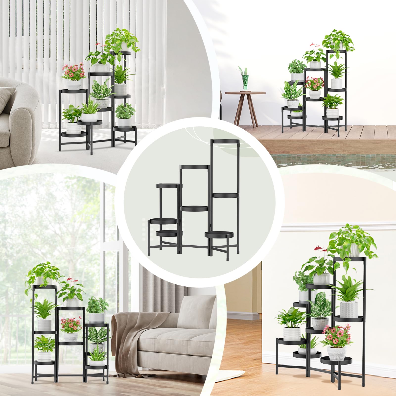 iDavosic.ly 2 Pack Black Foldable Plant Stand Indoor Outdoor, 8 Tier Corner Flower Pot Holders and 5 Layer Metal Plastic Tall Orchid Display Rack for Window Porch Garden Balcony Patio