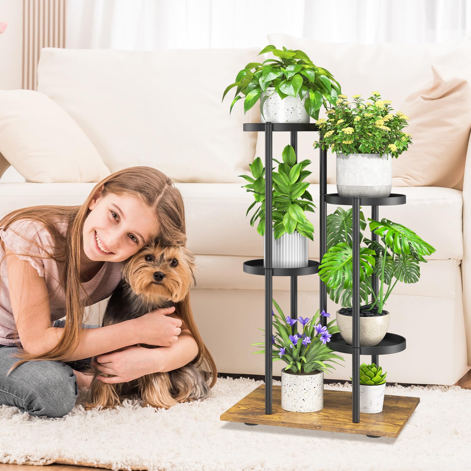 iDavosic.ly 4 Tier Plant Stand Indoor Outdoor Set of 2, Metal Wood Corner Flower Pot Holder Shelf and 34 Inch Tall Orchid Display Rack for Patio Porch Living Room Balcony, Modern Black & Rustic Brown