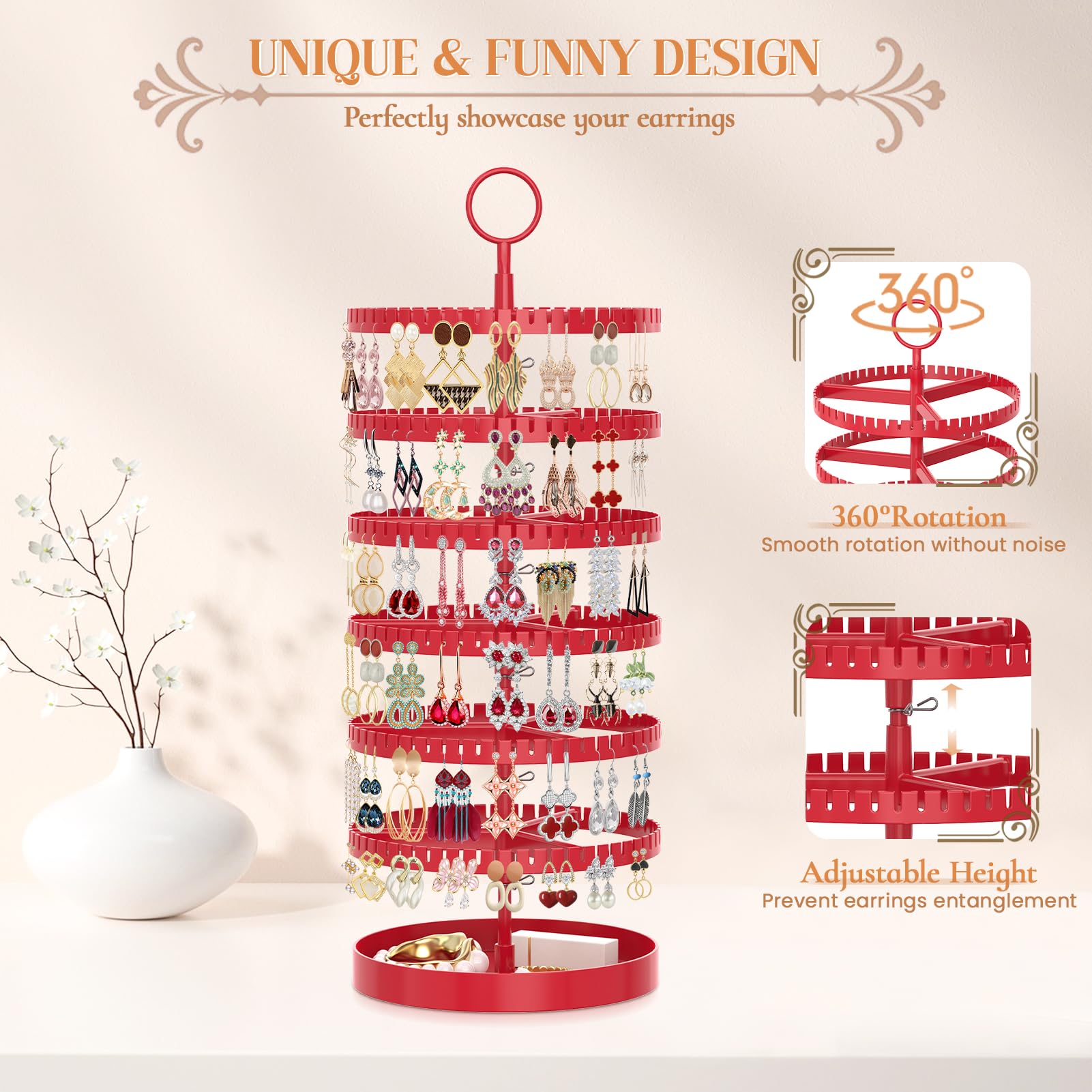 iDavosic.ly 6 Tier Rotating Earring Holder Organizer with Metal Tray, Adjustable Plastic Dangle Display Stands Tree with 342 Grooves, Large Hoop Storage Rack Tower, Red