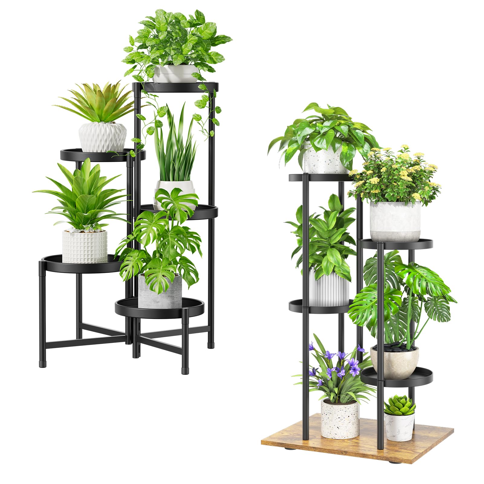 iDavosic.ly Plant Stand for Indoor Outdoor Set of 2, 5 Tier Metal Large Folding Flower Display Holder Shelf and 4 Layer Tall Corner Orchid Rack for House Patio Balcony Garden Living Room Porch, Black