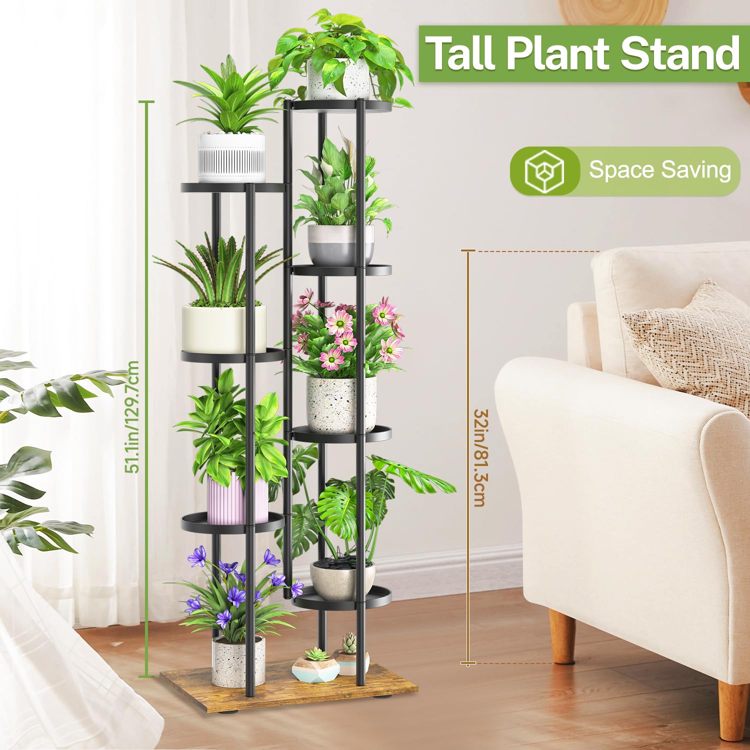 iDavosic.ly 7 Tier Plant Stand Indoor Outdoor Set of 2, Metal Wood Corner Flower Pot Holder Shelf and 58 Inch Tall Orchid Display Rack for Patio Porch Living Room Balcony, Modern Black & Rustic Brown