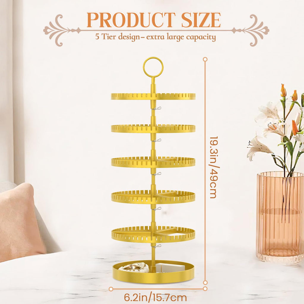 iDavosic.ly 5 Tier Rotating Earring Holder Organizer with Metal Tray, Adjustable Plastic Dangle Display Stands Tree with 285 Grooves, Large Hoop Storage Rack Tower, Gold
